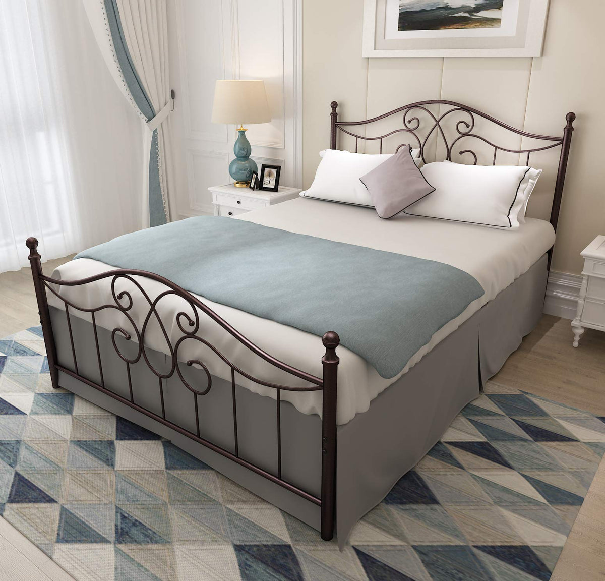 Yalaxon Vintage Sturdy Metal Bed Frame With Headboard And Footboard Basic Bed Frame No Box Spring (Queen, Antique Brown)