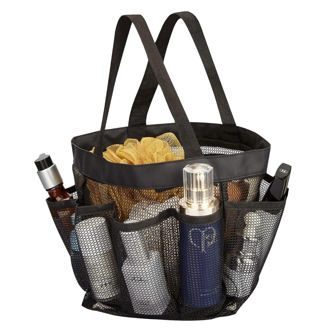 GOMNIK Mesh Shower Caddy Tote Bag with 8 Pockets | Hanging Portable Toiletry Organizer | Quick Dry Bath Bag for College Dorm, Gy