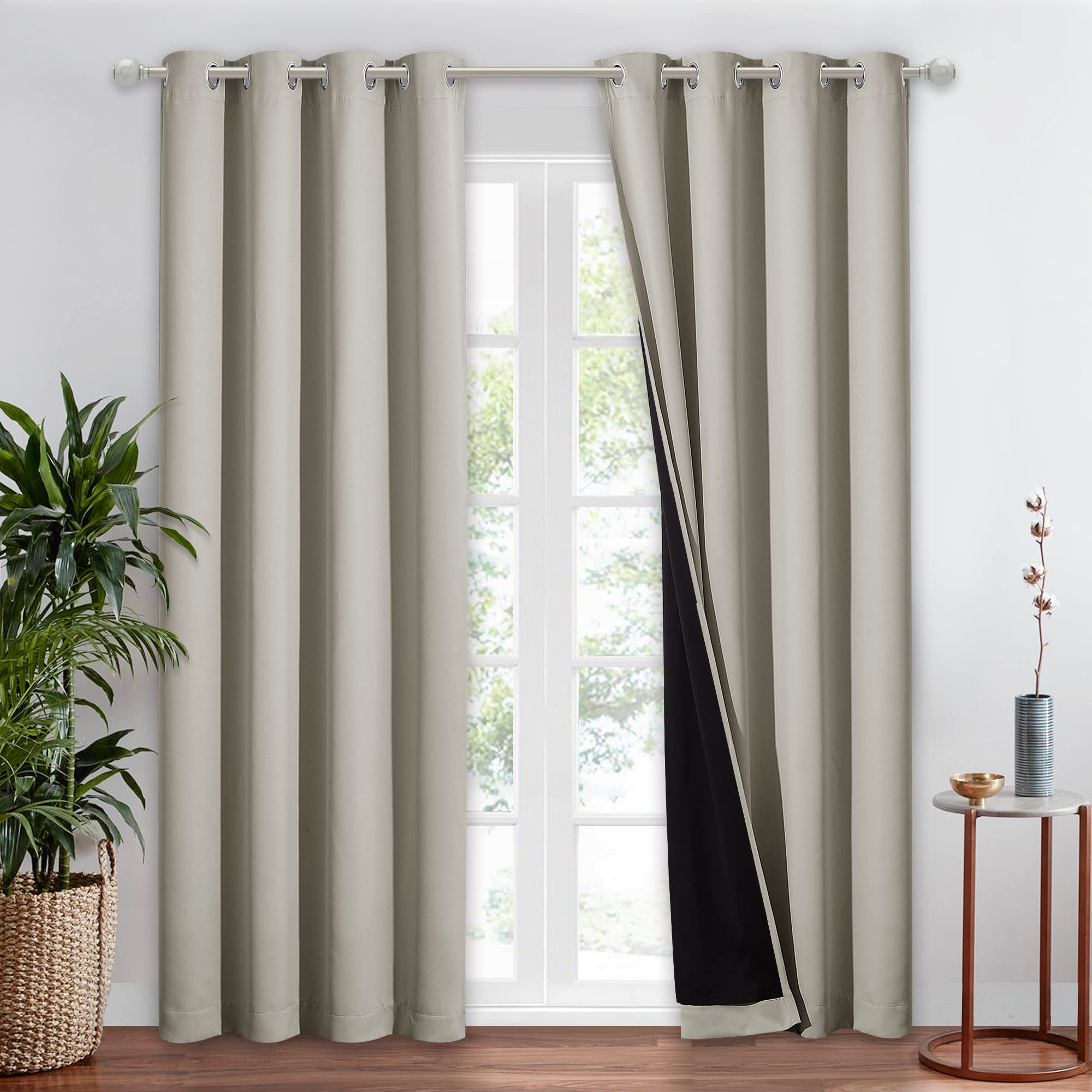 Nicetown Natural 100% Blackout Window Curtain Panel, Cold And Full Light Blocking Drape With Black Liner For Nursery, 84 Inches