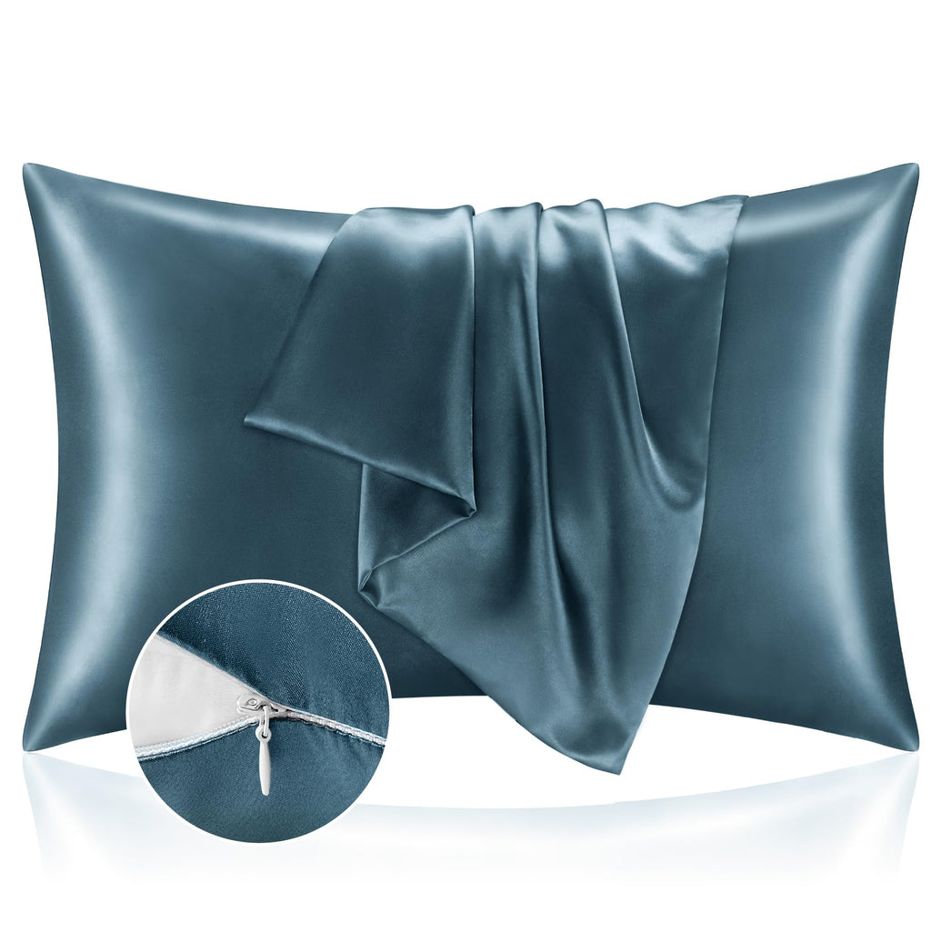 Bedelite Satin Pillowcase With Zipper 2 Pack, Bluesteel Pillow Cases Standard Size, Super Soft And Cooling Similar To Silk Pillo