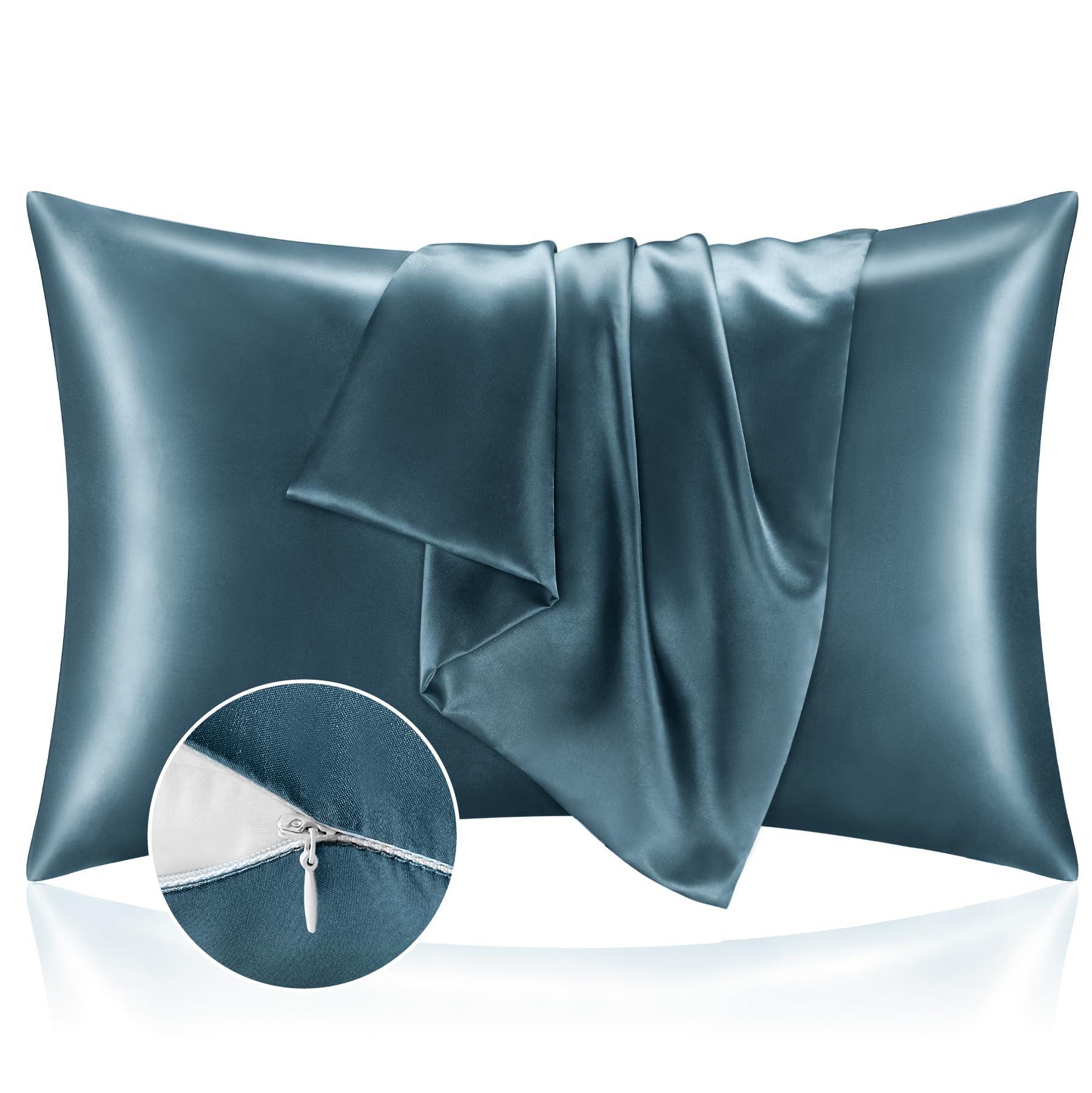 Bedelite Satin Pillowcase With Zipper 2 Pack, Bluesteel Pillow Cases Standard Size, Super Soft And Cooling Similar To Silk Pillo