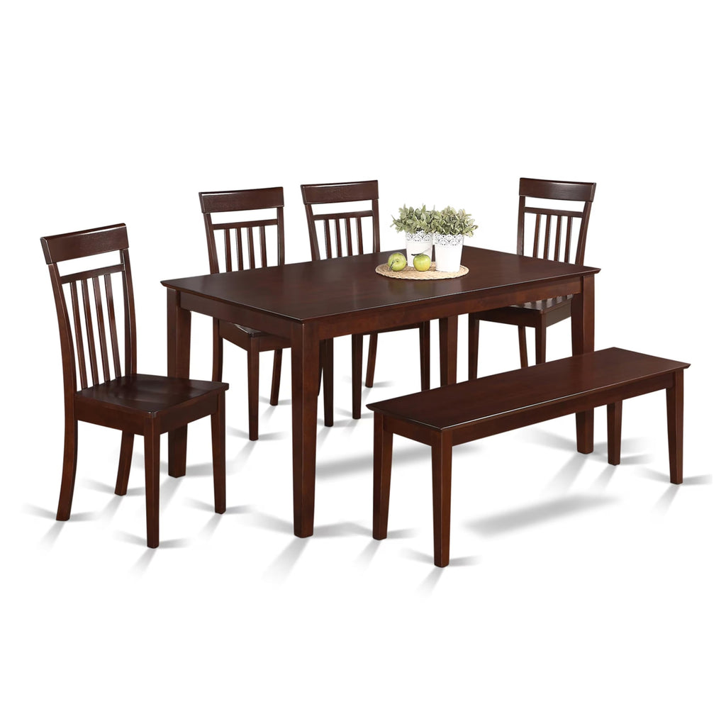 East West Furniture CAP6S-MAH-W 6 Piece Kitchen Table & Chairs Set Contains a Rectangle Dining Room Table and 4 Dining Chairs with a Bench, 36x60 Inch, Mahogany