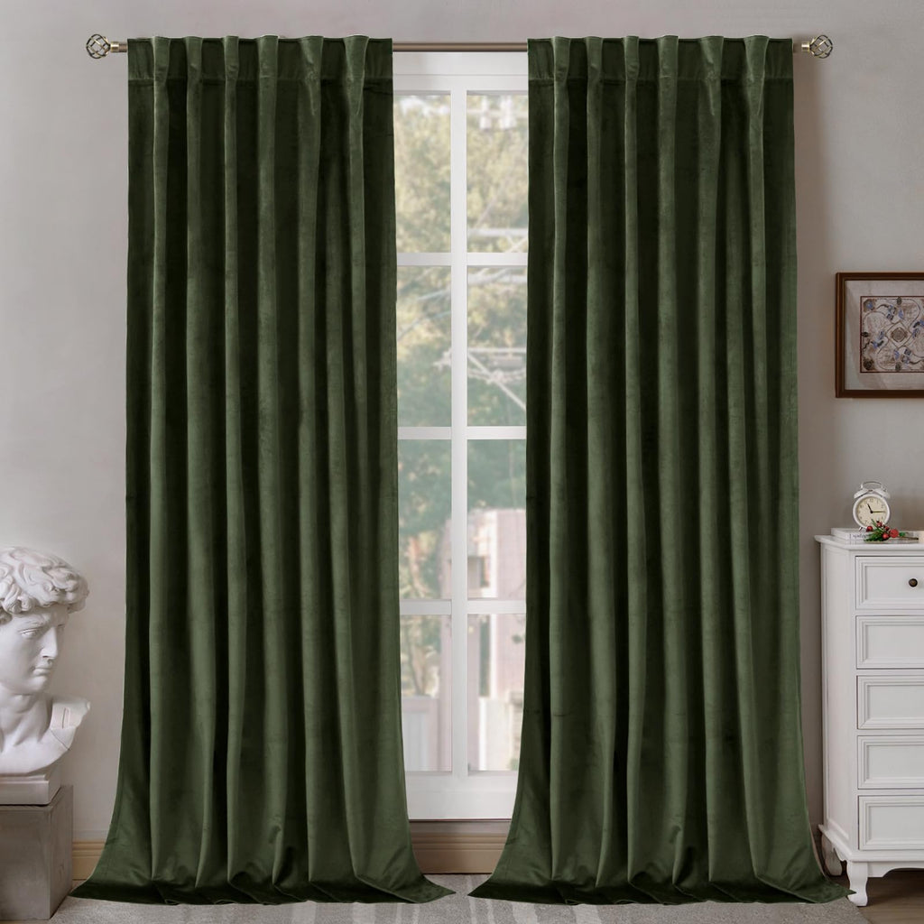 Bgment Olive Green Velvet Curtains 108 Inches For Living Room, Thermal Insulated Blackout Curtains Room Darkening Drapes With Ba