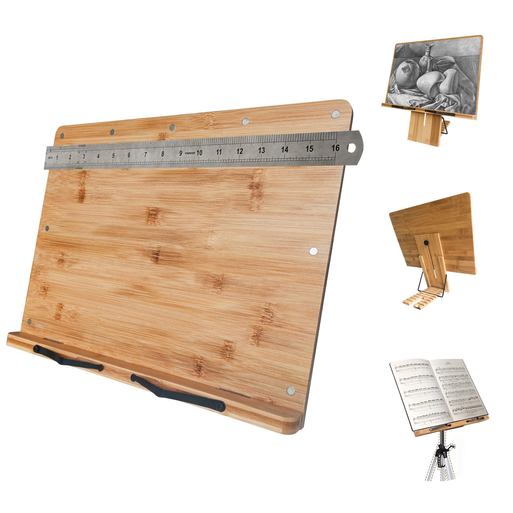Nunet X-Large 16' X 12' Height Adjustable Bamboo Book Stand W. Magnets/Ruler Bar For Art Easel, Cookbook Holder W. Metal Clips