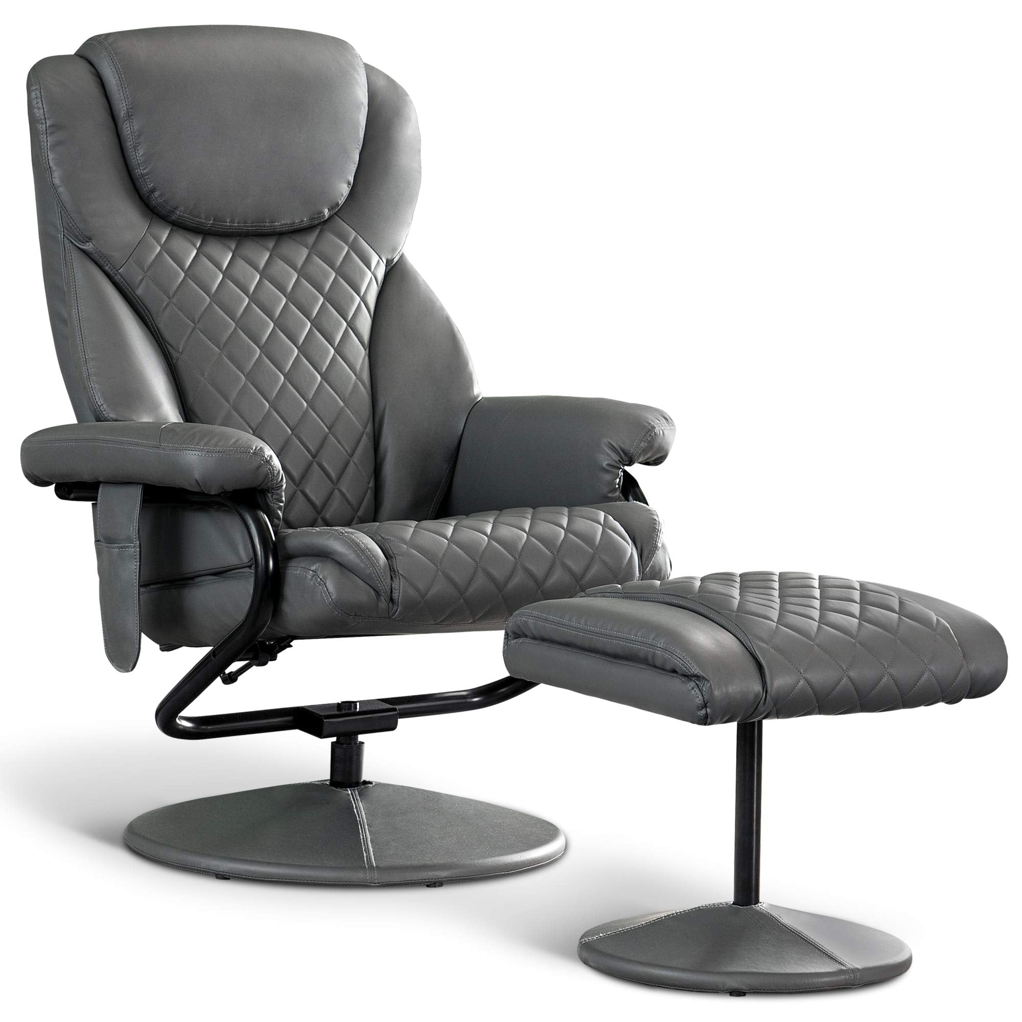Mcombo Recliner With Ottoman, Reclining Chair With Massage, 360 Swivel Living Room Chair Faux Leather, 4901 (Grey)