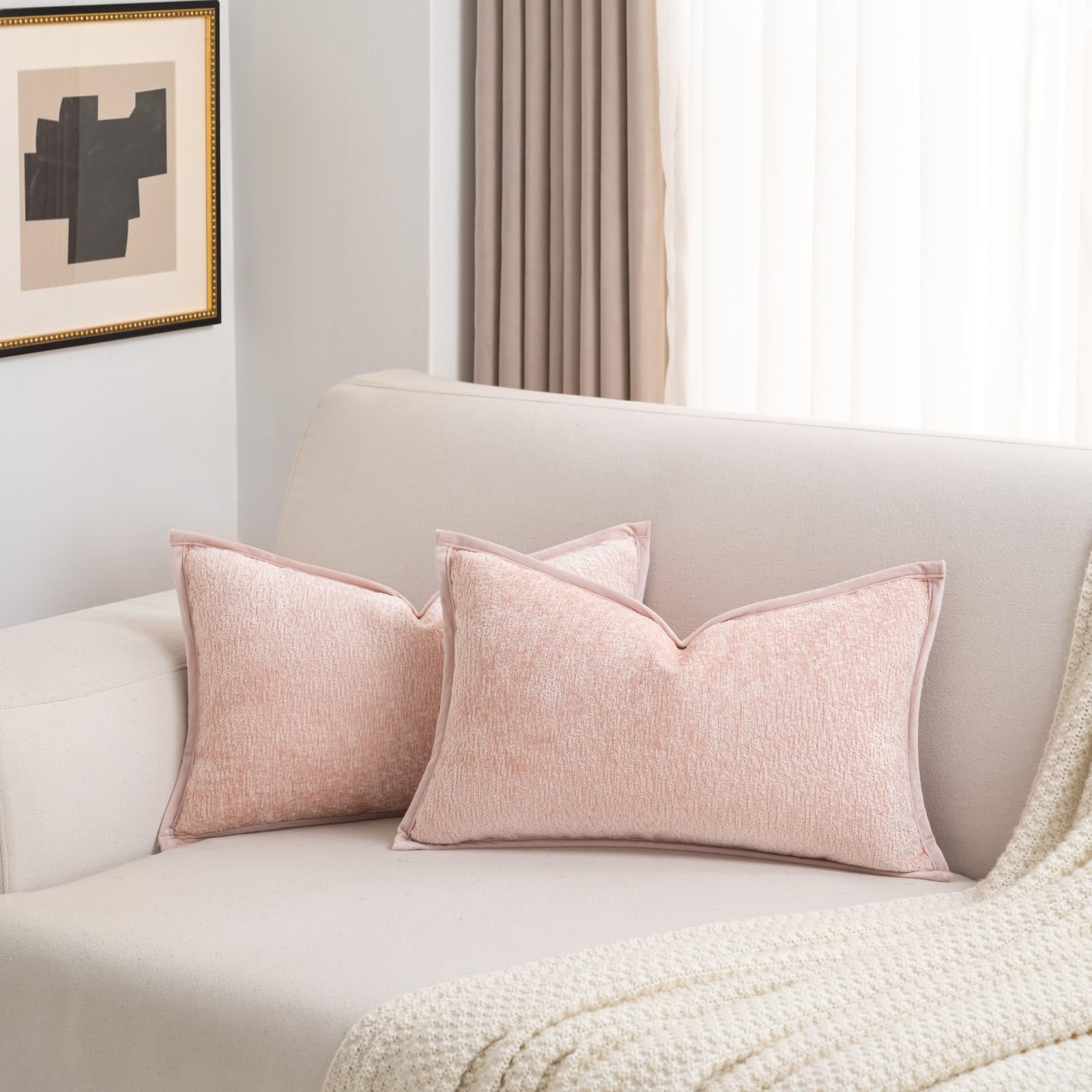 Futei Pink Chenille Throw Pillow Covers 12X20 Inch Set Of 2,Soft Velvet Lumbar Pillow Cases,Home Decor For Couch Bed Living Room