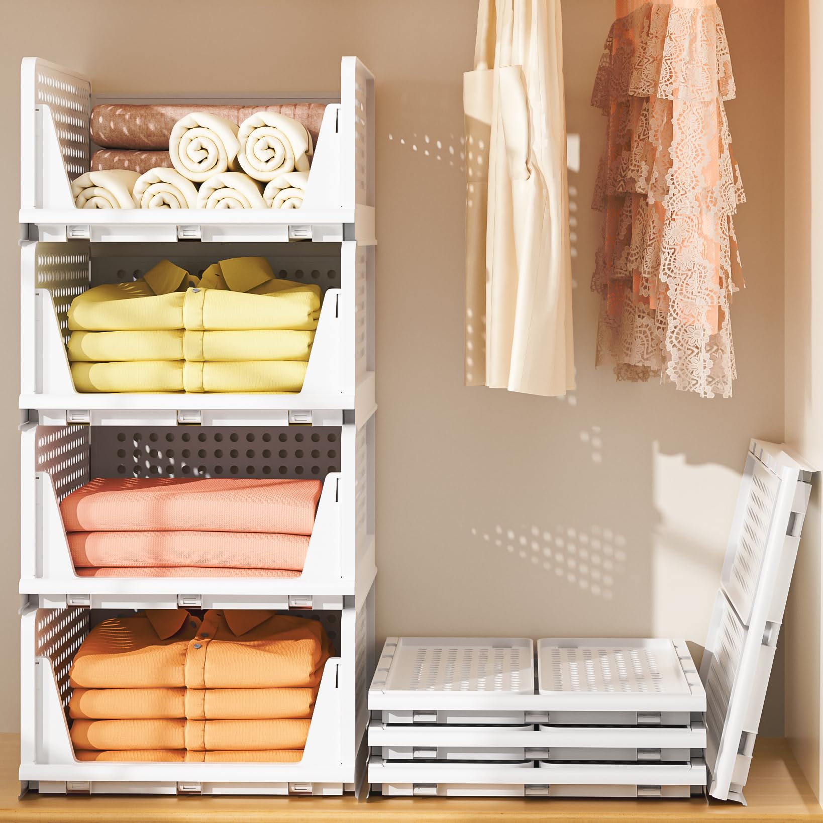 Neprock Stackable Plastic Storage Drawers For Closet Organizers And Storage,4 Pack Open Storage Bins Closet Shelf Clothes Organizer For Closet Wardrobe(4L)
