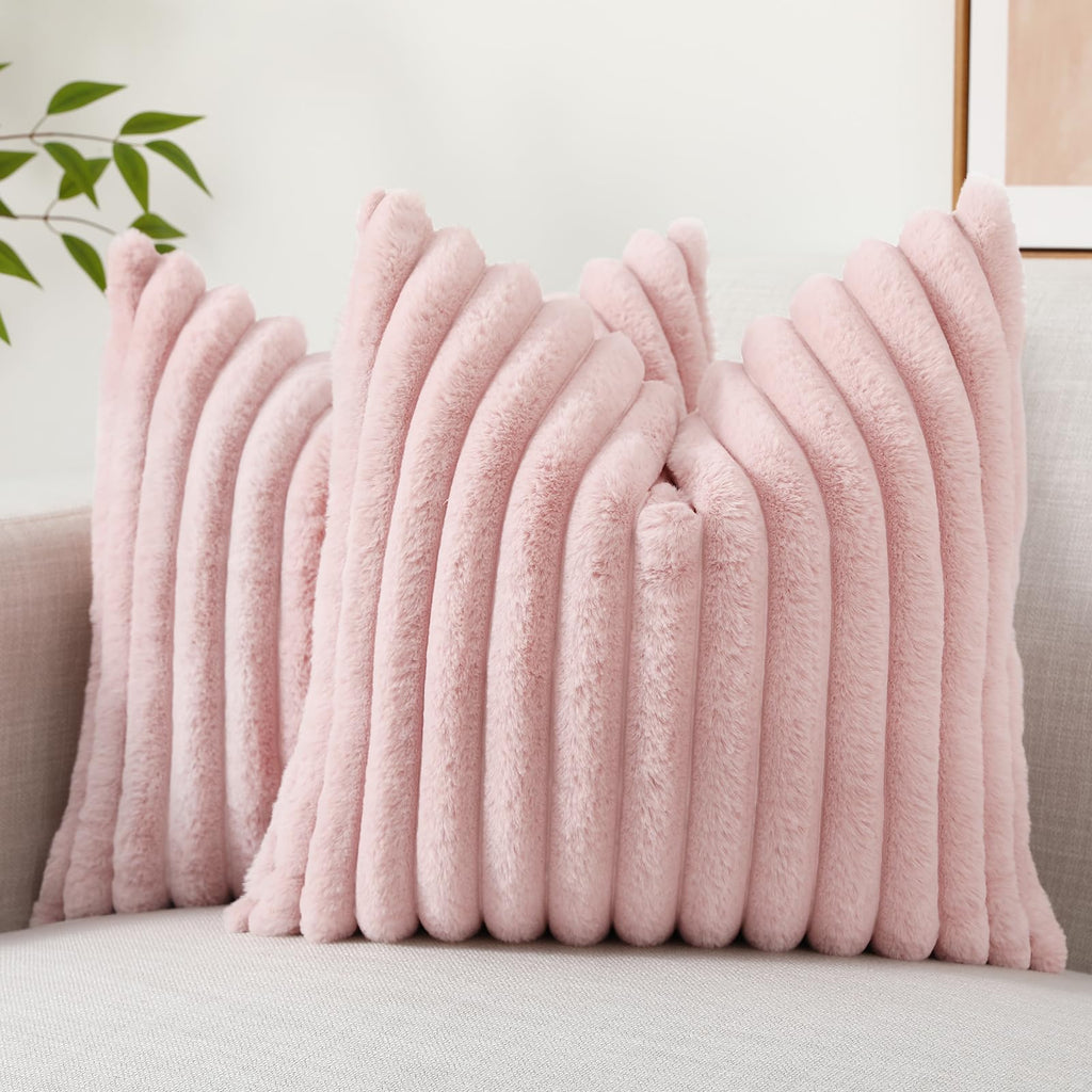 Decoruhome Valentine'S Day Faux Fur Spring Throw Pillow Covers 20X20 Set Of 2, Decorative Soft Plush Striped Couch Pillow Covers With Velvet Back For Sofa, Bed, Living Room, Pink