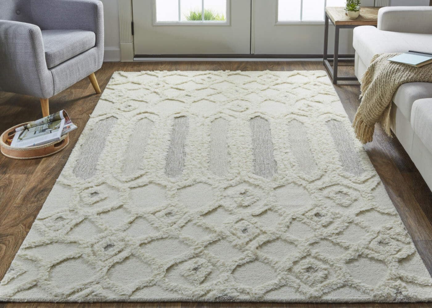 HomeRoots 512811 8 x 10 ft. Ivory Taupe & Tan Wool Geometric Hand Tufted Handmade Stain Resistant Rectangle Area Rug