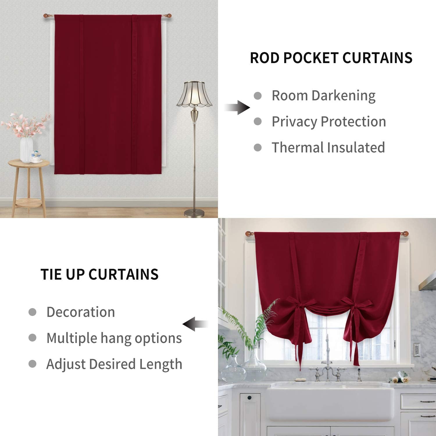 Dwcn Blackout Curtains-Tie Up Shade For Window Thermal Insulated Room Darkening Rod Pocket Curtains For Kitchen Thanksgiving Day