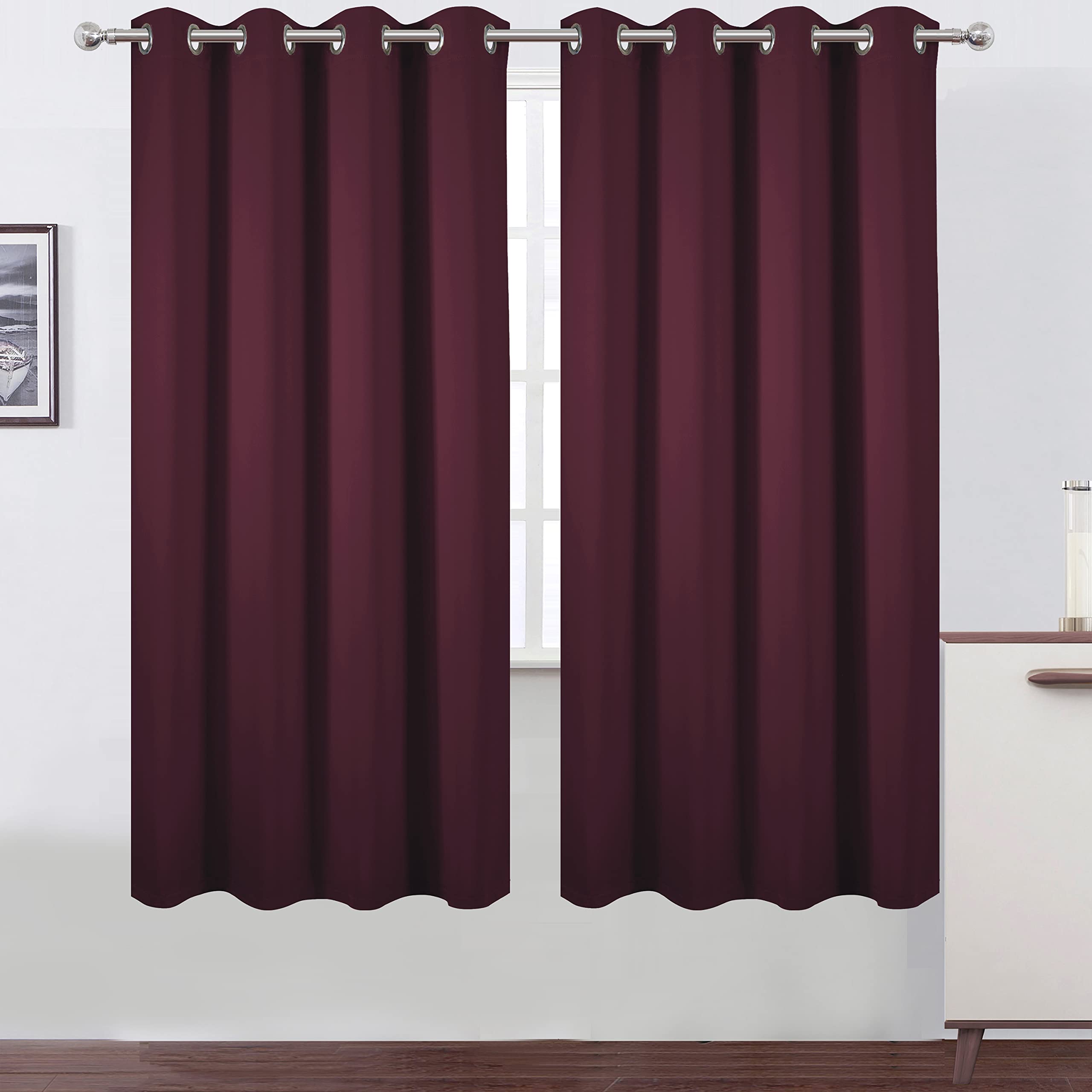 Lemomo 100% Blackout Curtains 52 X 72 Inch/Burgundy Red Curtains 2 Panels With Black Lining Room Darkening Thermal Insulated Bed