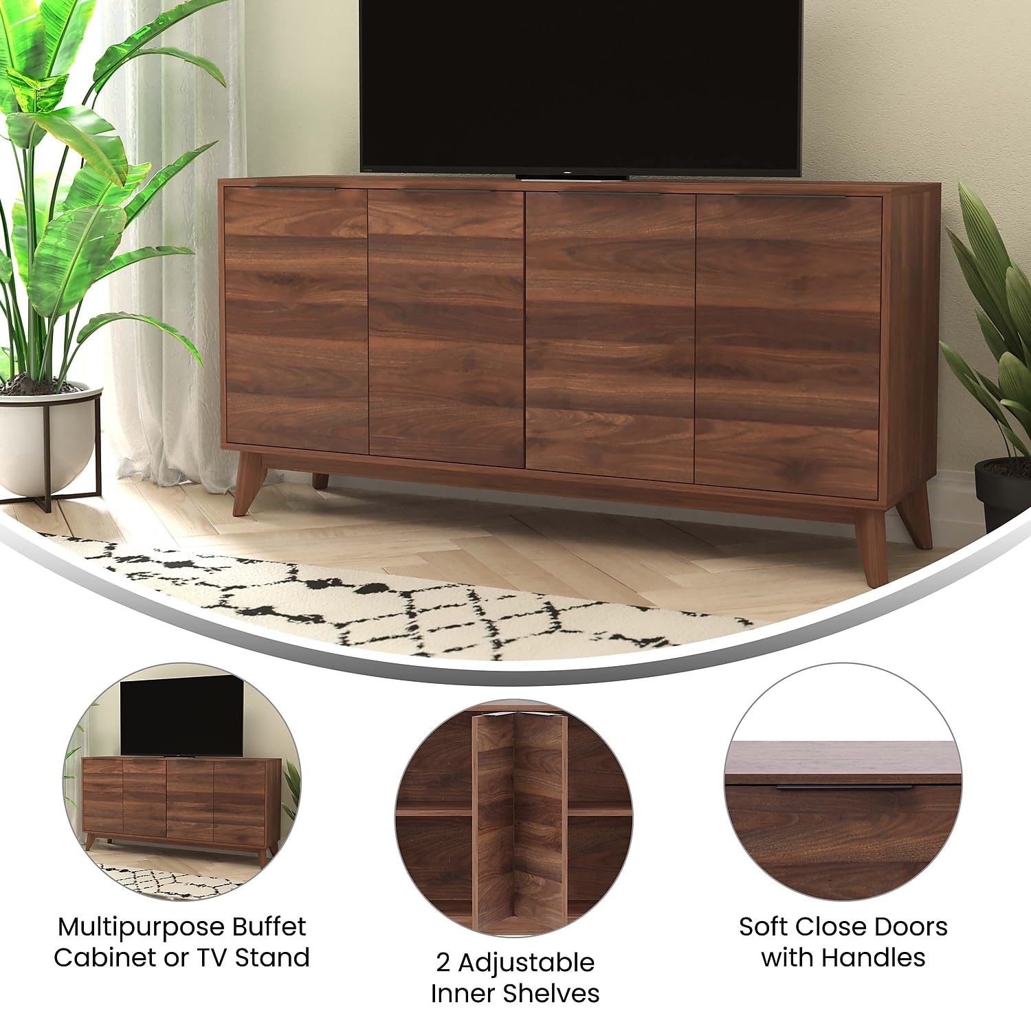 Flash Furniture Hatfield Engineered Wood TV Stand for up to 64" TVs, Media Console/TV Cabinet with Adjustable Shelf and Soft Close Doors, Dark Walnut