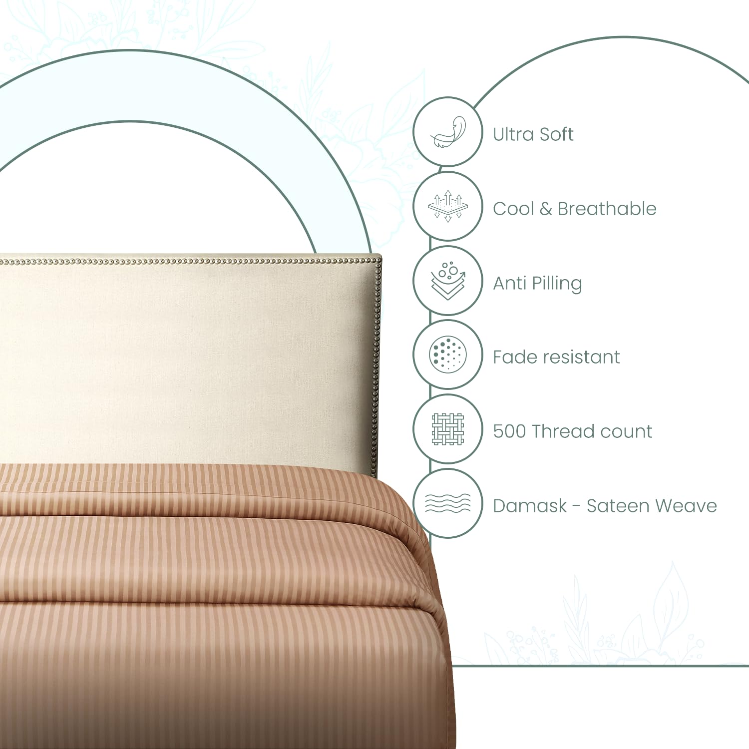 Feather & Stitch 1 Piece Fitted Sheet Queen Size, 100% Cotton Damask Sateen Weave, Striped Breathable, Stretchable Elastic Sheet For Mattress 18 Inch Deep Pocket, 500Tc Premium Ultra Soft - Maple