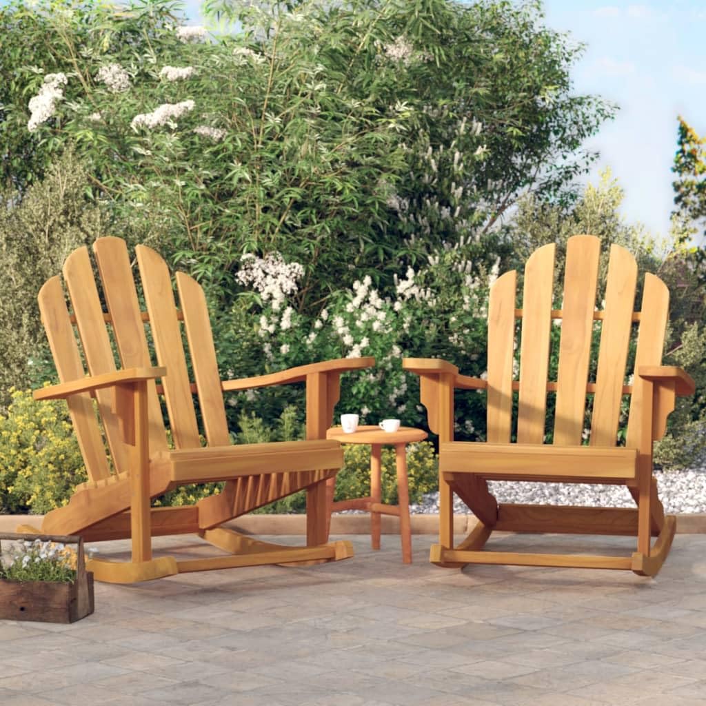 vidaXL Solid Teak Wood Patio Adirondack Rocking Chairs – Set of 2, Weather-Resistant Outdoor Garden Seating, Comfortable High Backrest and Wide Arms, Gentle Rocking Design - Brown.