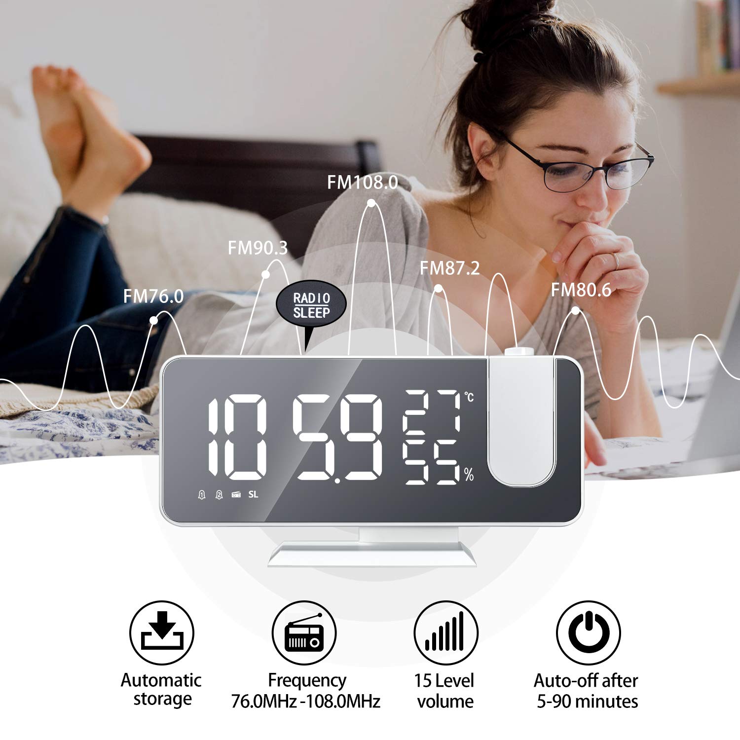 Evilto Projection Alarm Clock For Bedroom Ceiling Digital Clock Radio With Usb Charger Ports, 7.3'' Large Led Screen, 4 Dimmer,