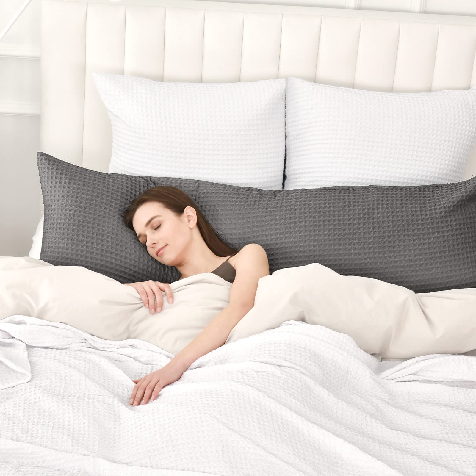 Phf Ultra Soft Waffle Weave Body Pillowcase 20' X 54', No Insert, Breathable & Skin-Friendly Body Pillow Sham With Zipper, Decorative Waffle Weave Body Pillow Cover, Grey