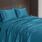 Homiest 4Pcs Satin Sheets Set Luxury Silky Satin Bedding Set With Deep Pocket, 1 Fitted Sheet + 1 Flat Sheet + 2 Pillowcases (Full Size, Lake Blue)