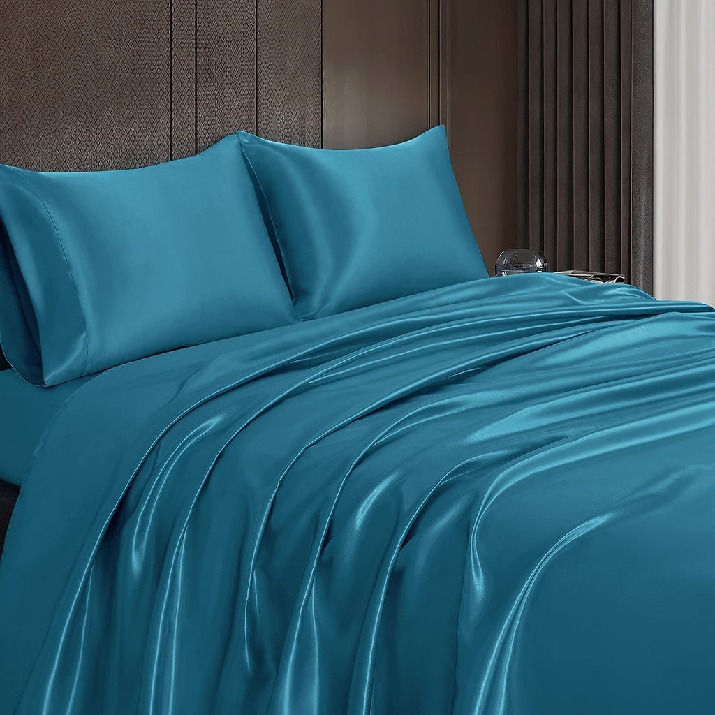 Homiest 4Pcs Satin Sheets Set Luxury Silky Satin Bedding Set With Deep Pocket 1 Fitted Sheet + 1 Flat Sheet + 2 Pillowcases (King Size, Lake Blue)