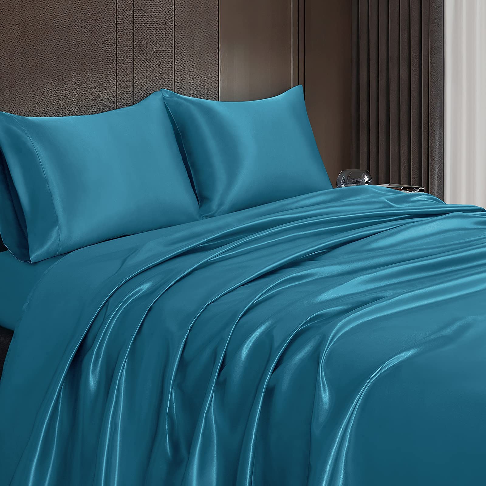 Homiest 4Pcs Satin Sheets Set Luxury Silky Satin Bedding Set With Deep Pocket 1 Fitted Sheet + 1 Flat Sheet + 2 Pillowcases (King Size, Lake Blue)