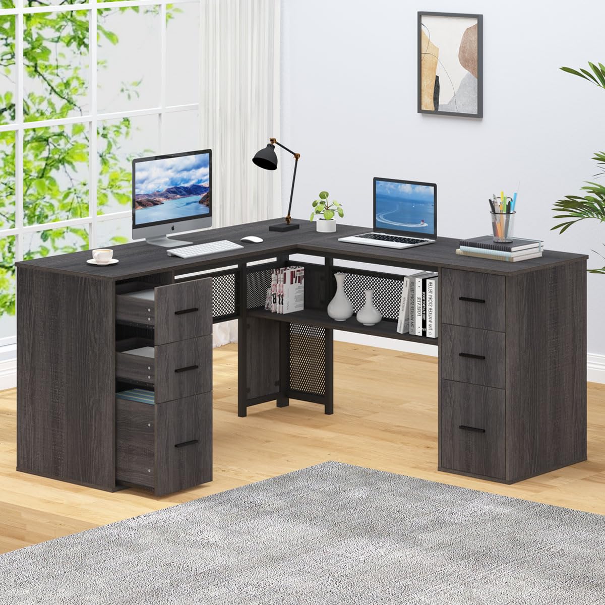 Hsh L Shaped Corner Home Office Desk With Drawers, Large Computer Desk With Storage File Cabinet Shelves, Rustic Wood Metal Computer Table For Bedroom Executive Work Study Writing, Dark Gray, 59 Inch