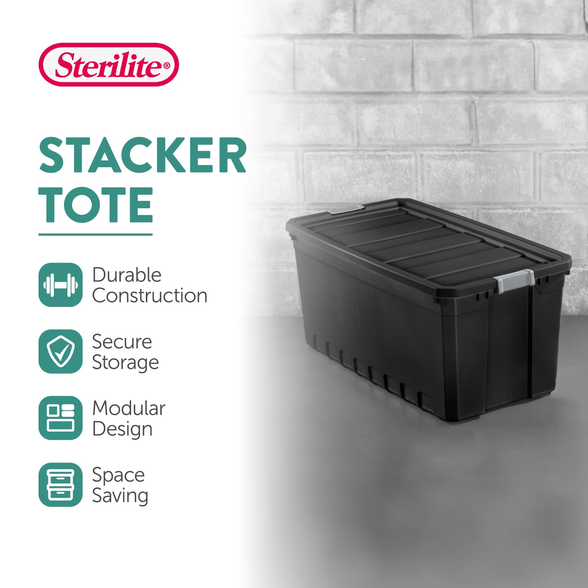 Sterilite 50 Gallon Plastic Stacker Tote, Heavy Duty Lidded Storage Bin Container For Stackable Garage And Basement Organization