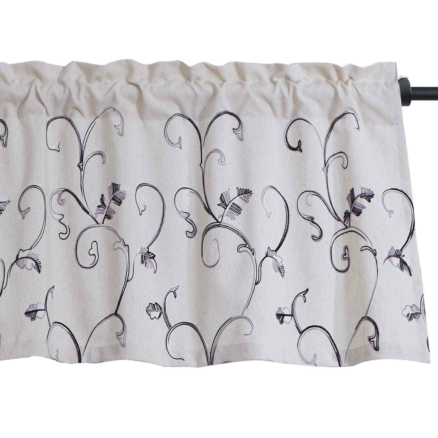 Vogol Faux Linen Vines Embroidered Valance, Window Decorative Valances For Kitchen Bedroom, Rod Pocket, 52 X 18 Inch, Grey