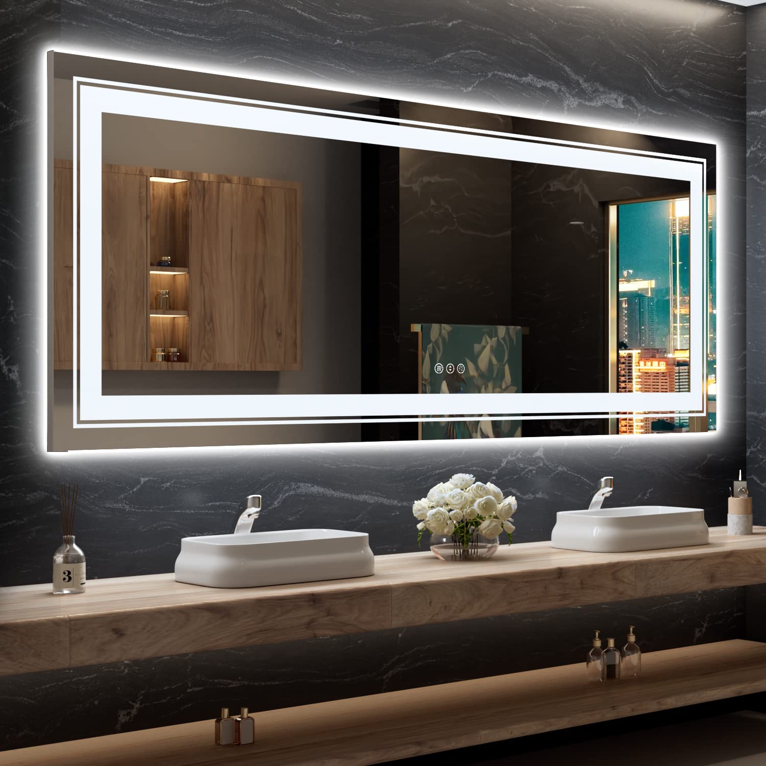 Snowdool 96X36 LED Bathroom Mirror with Lights, Front and Backlit Mirror Bathroom, Stepless Dimmable, Anti-Fog LED Mirror, Light