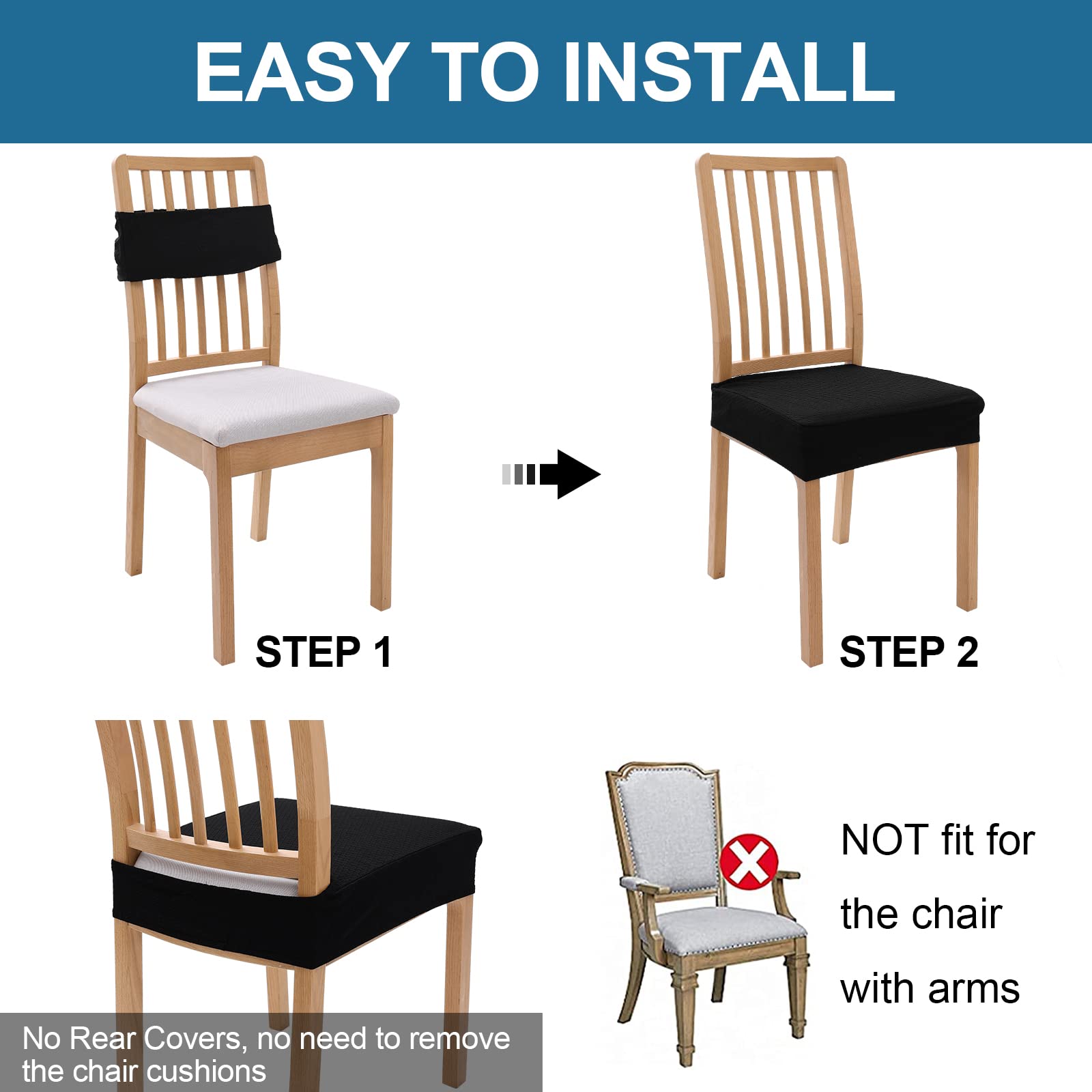 Smiry Waterproof Seat Covers For Dining Room Chairs Set Of 2, Stretch Jacquard Removable Washable Chair Seat Slipcovers Protector, No Rear Covers, Black