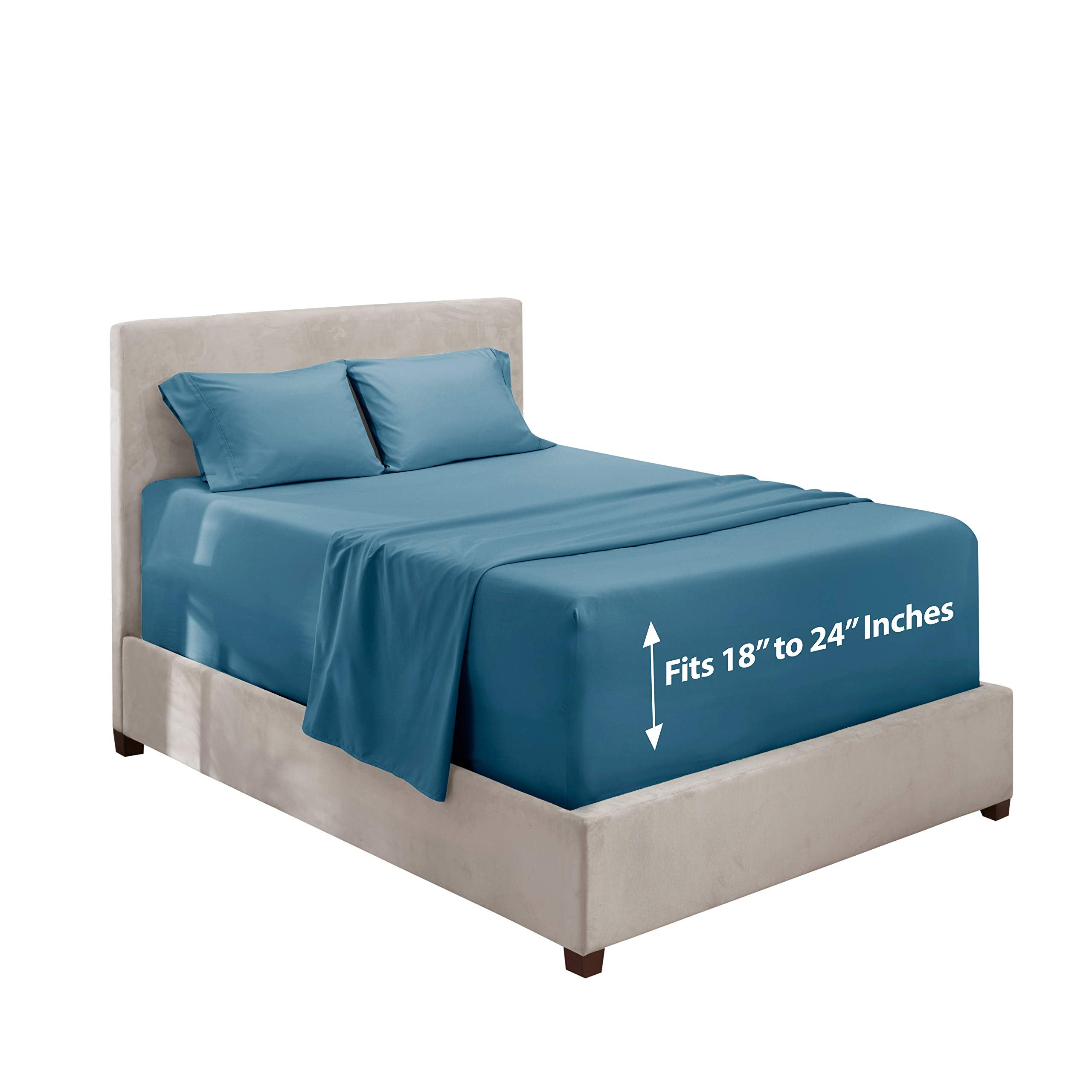 Hearth & Harbor Luxury King Bed Sheet Set - 4 Piece Deep Pocket Microfiber Sheets - Blue Heaven, Fits Up To 24' Mattress, Soft & Breathable, Includes 1 Fitted, 1 Flat, 2 Pillowcases
