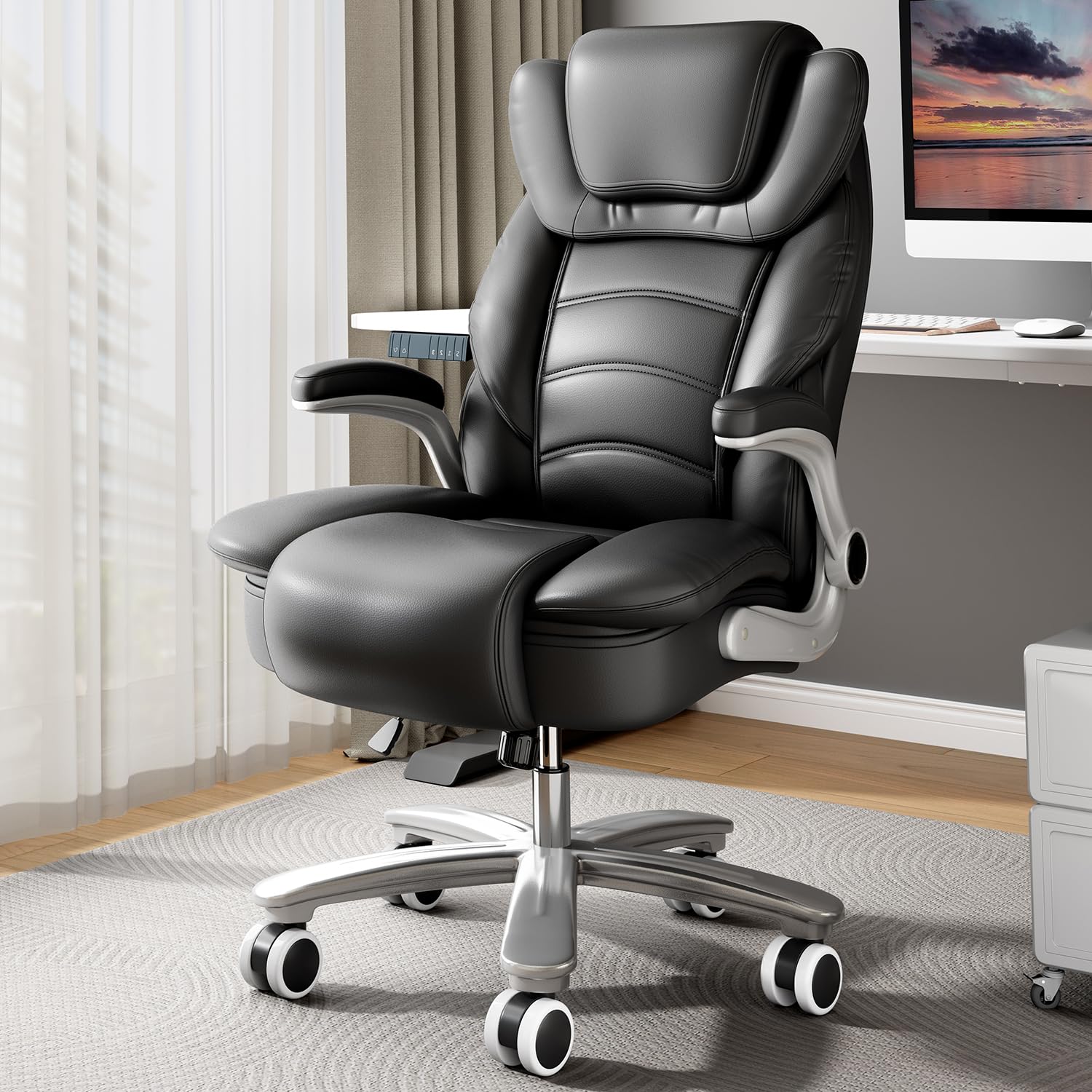 GYI Big and Tall Office Chair 400lb Wide Seat, Ergonomic High Back Leather Executive Desk Chair with Flip-up Arms, Black