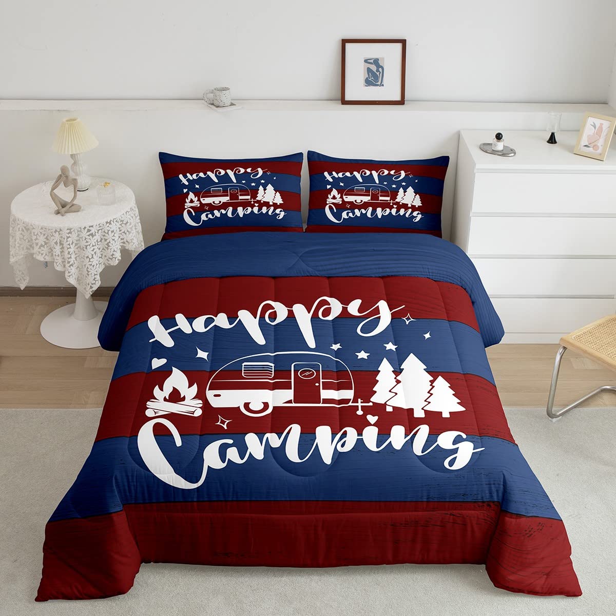 Rustic Camping Travel Comforter Set Queen Size,Camper Rv Trailer Decor Bedding Set 3Pcs For Kids Boys Girls Adults,Old Wooden Pl