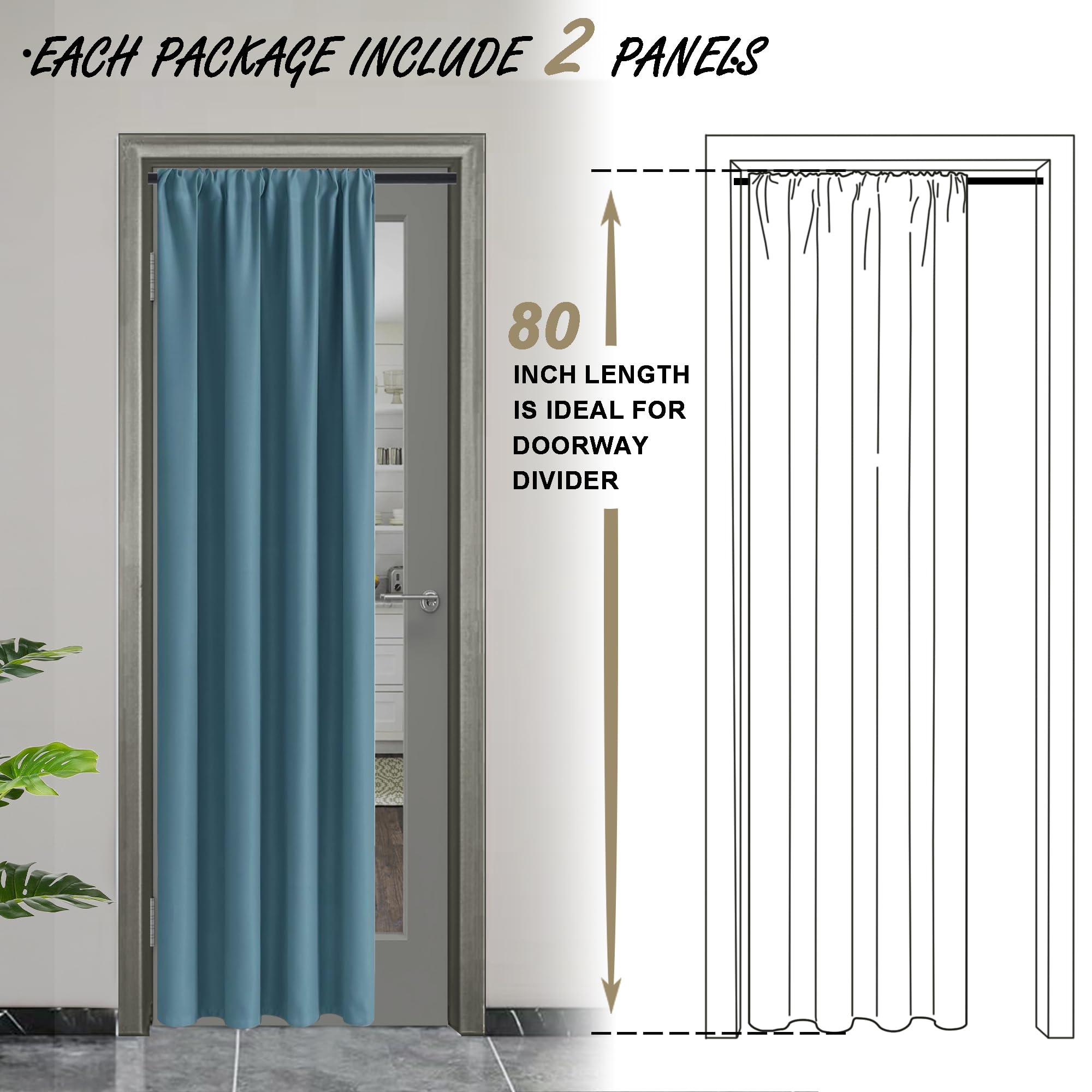 Jiuzhen Blackout Doorway Curtains 80 Inch Length - 2 Panels Thermal Insulated Privacy Soundproof Rod Pocket Closet Door Curtains Room Divider For Bedroom,Office, 42 X 80 Inches, Stone Blue