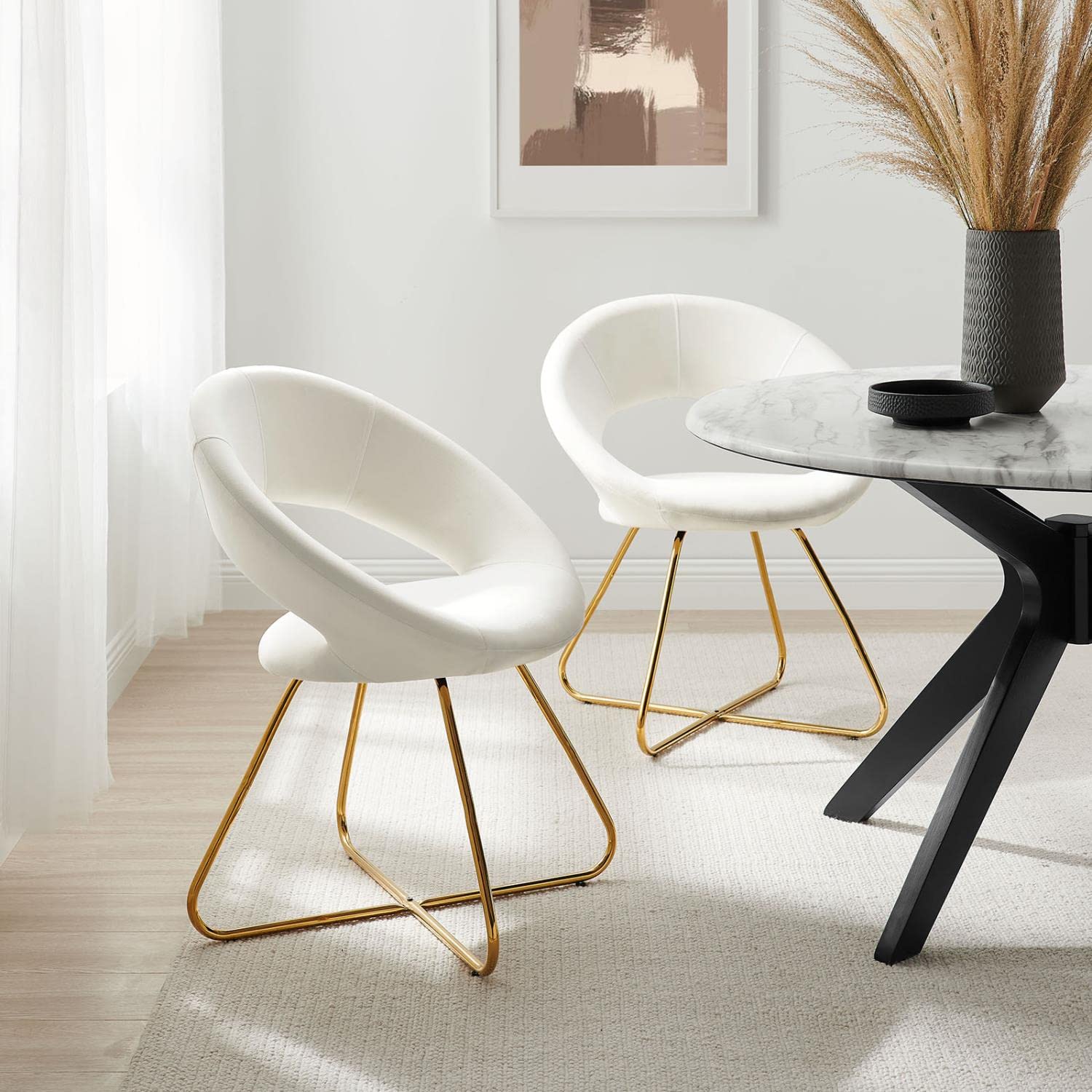 Modway Nouvelle Moday Performance Velvet Dining Chairs in Gold White-Set of 2
