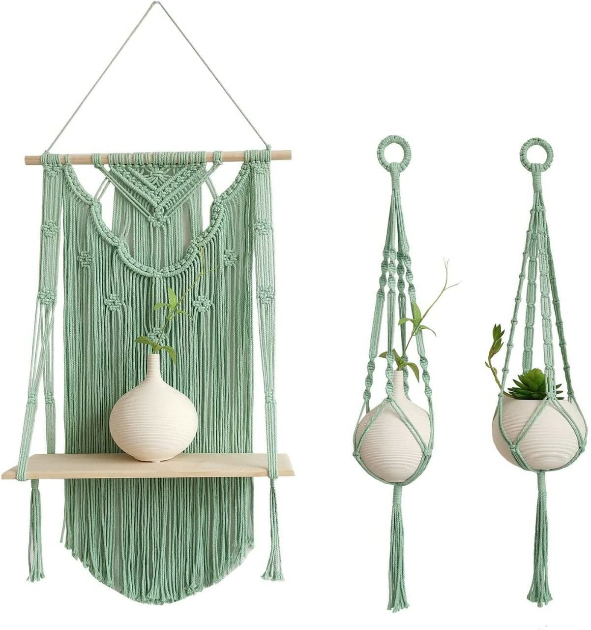 Textile And Beyond Macrame Wall Hanging Wood Indoor Shelf Organizer With 2 Planters, Handmade Woven Cotton Rope, Boho Decor For 