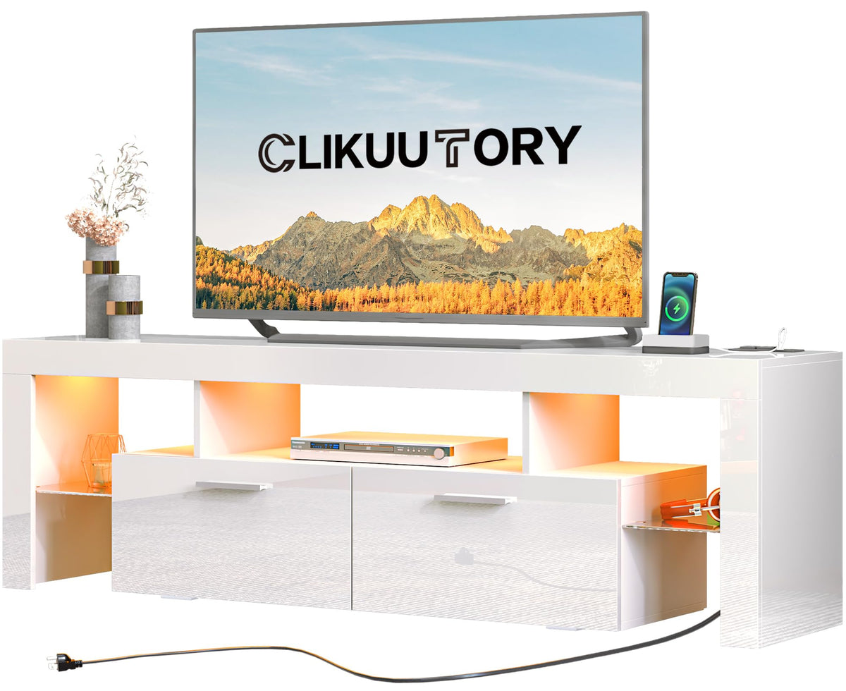 Clikuutory Modern Led White 67 Inch Tv Stand With Power Outlet And Large Storage For 40 50 55 60 65 70 75 Inch Tvs, Wood Tv Console With High Glossy Entertainment Center For Living Room, Bedroom