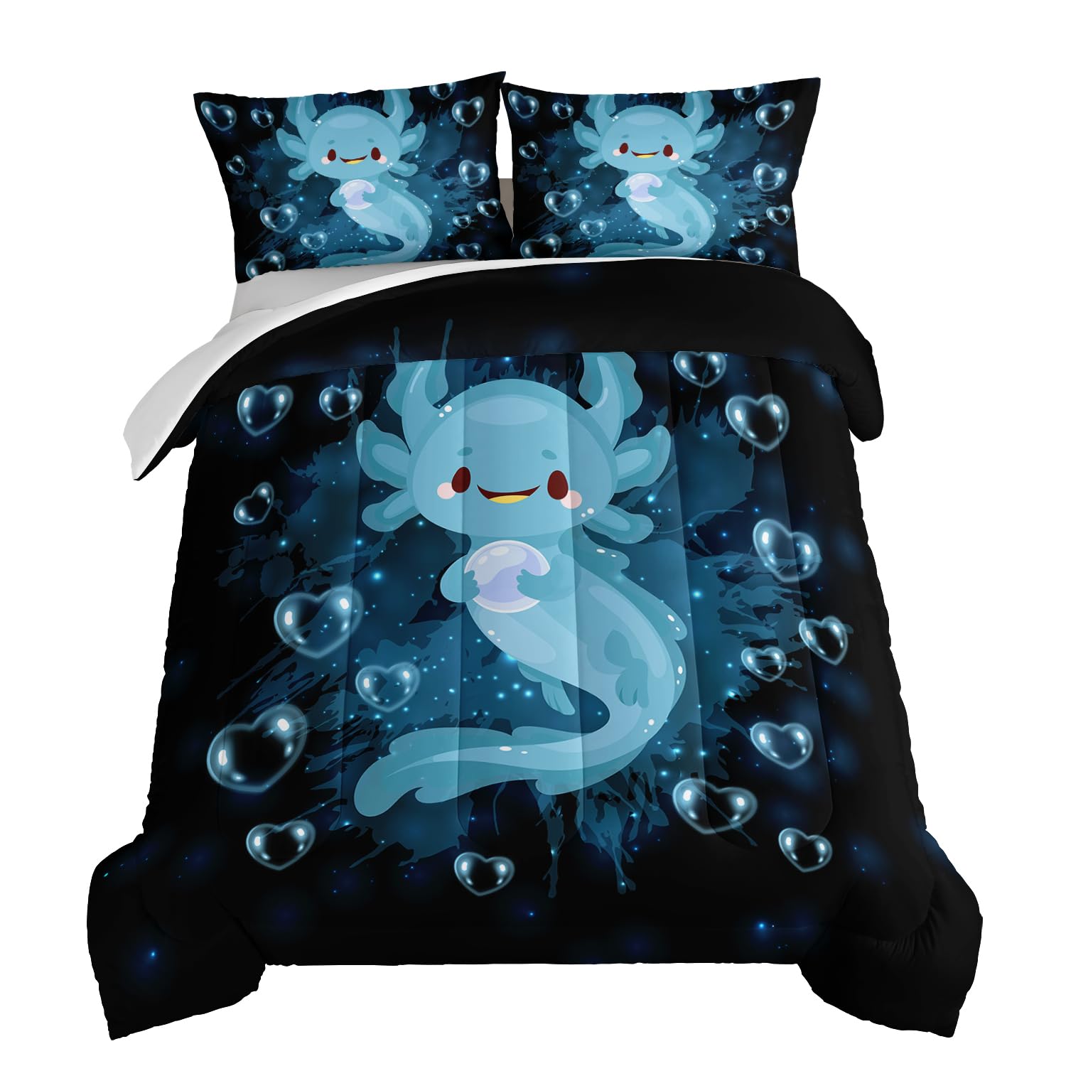 Hosima Axolotl Comforter Set Blue Axolotl Pattern Kawaii Bed Set For Kids Bedroom Decor,Twin Bed Set For Girls With 2 Pillowcase