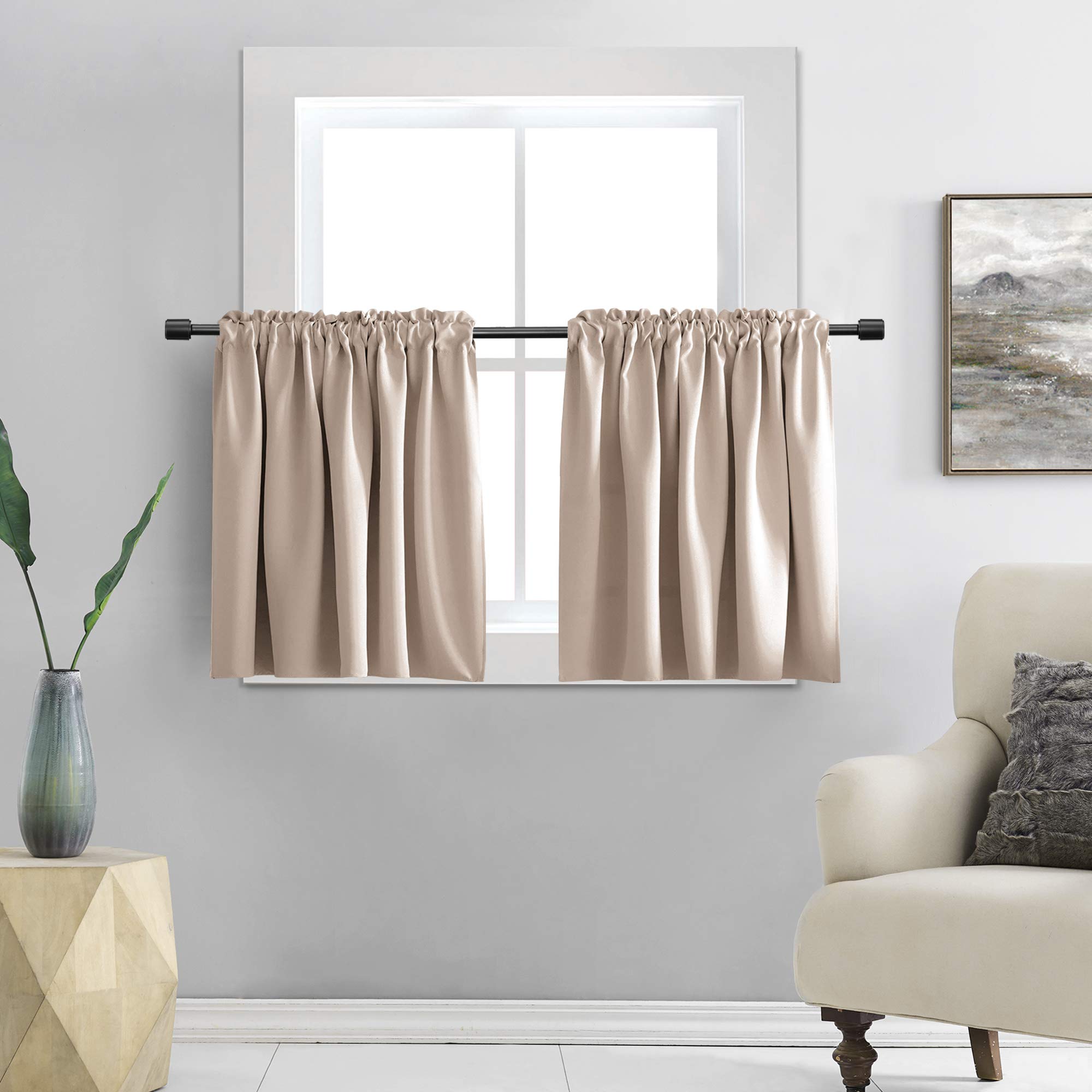 Donren Warm Taupe Small Curtains For Bathroom -Blackout Thermal Insulating Curtain Tiers For Bedroom With Rod Pocket Rose Tan(52 By 24 Inches,2 Packs)