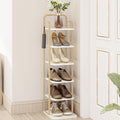 Hzuaneri Vertical Shoe Rack, Shoe Shelves, Wood Shoe Organizer For Closet, Entryway, Shoe Tower For Small Spaces, Free Standing, Adjustable, With 2 Hooks, 6 Tier White Gold Sr04213A