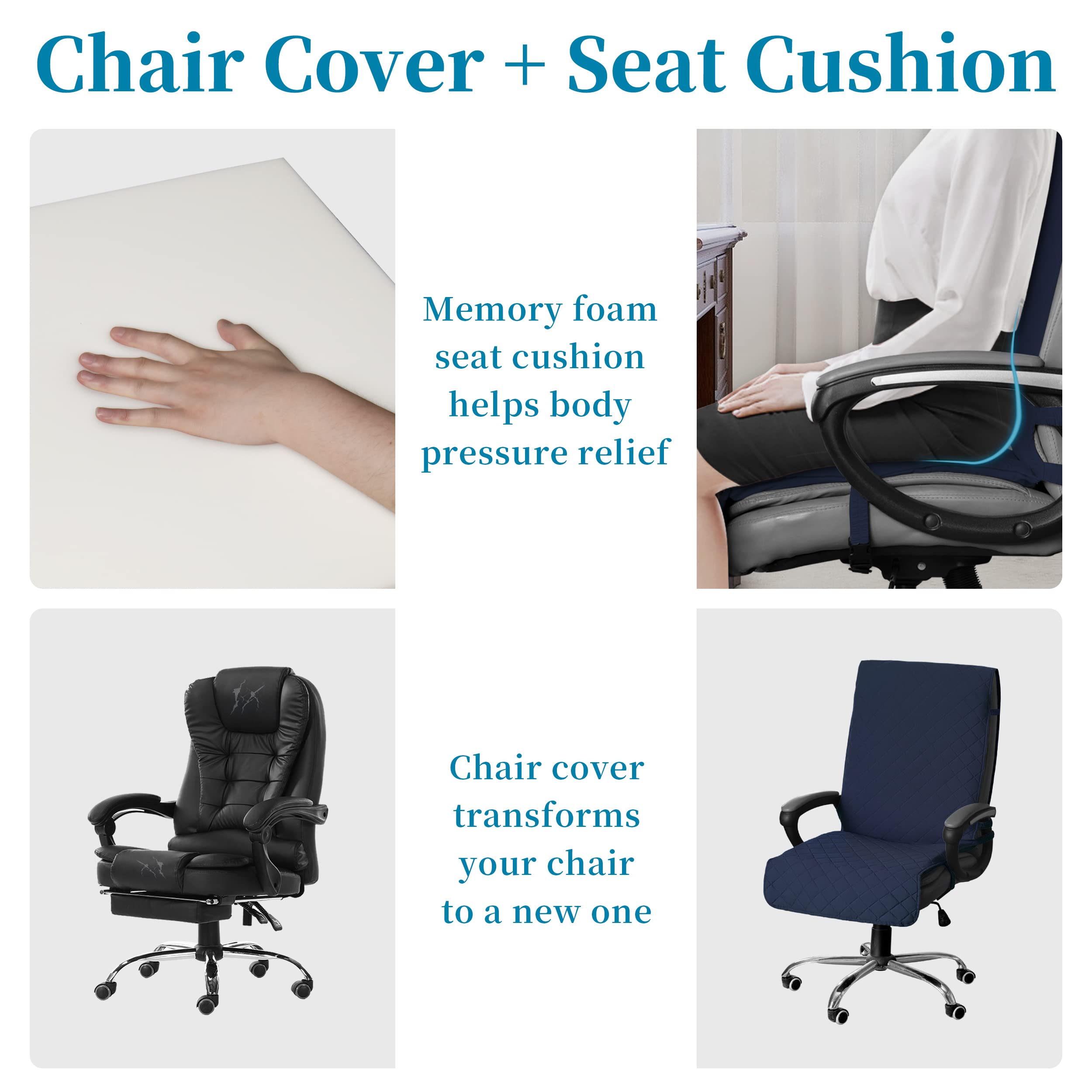 Easy-Going Quilted Microfiber Office Chair Cover With Soft Memory Foam Seat Cushion Water Resistant Desk Computer Chair Slipcover Anti-Slip Chair Protector (Medium, Navy)