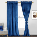 Jiuzhen Blue Velvet Blackout Curtains 90 Inches - Super Soft Velvet Textured Room Darkening Rod Pocket Window Drapes For Living