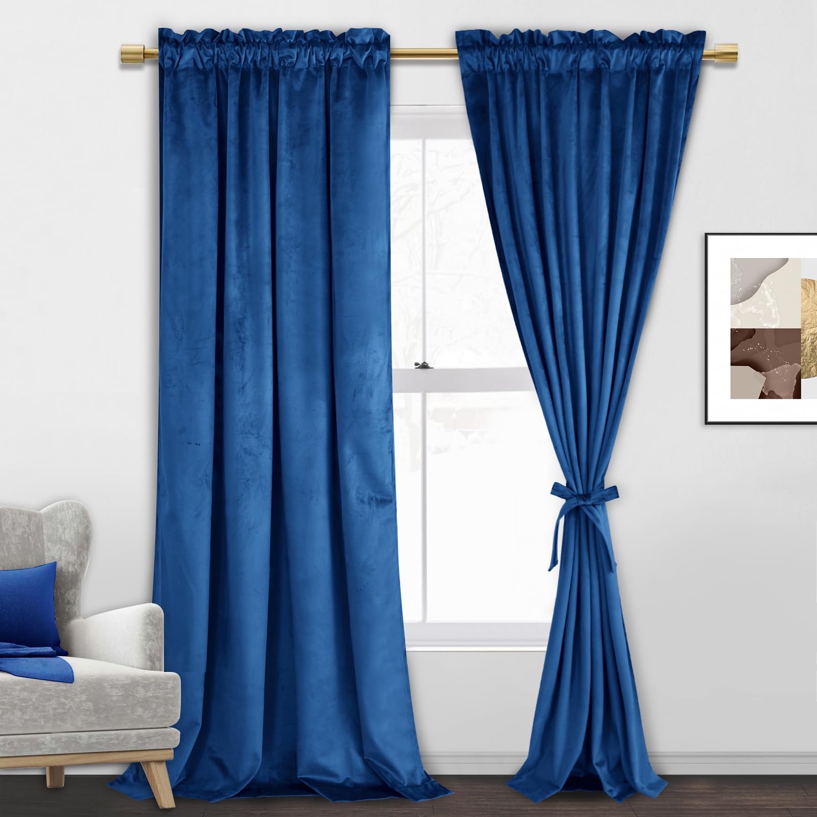 Jiuzhen Blue Velvet Blackout Curtains 90 Inches - Super Soft Velvet Textured Room Darkening Rod Pocket Window Drapes For Living