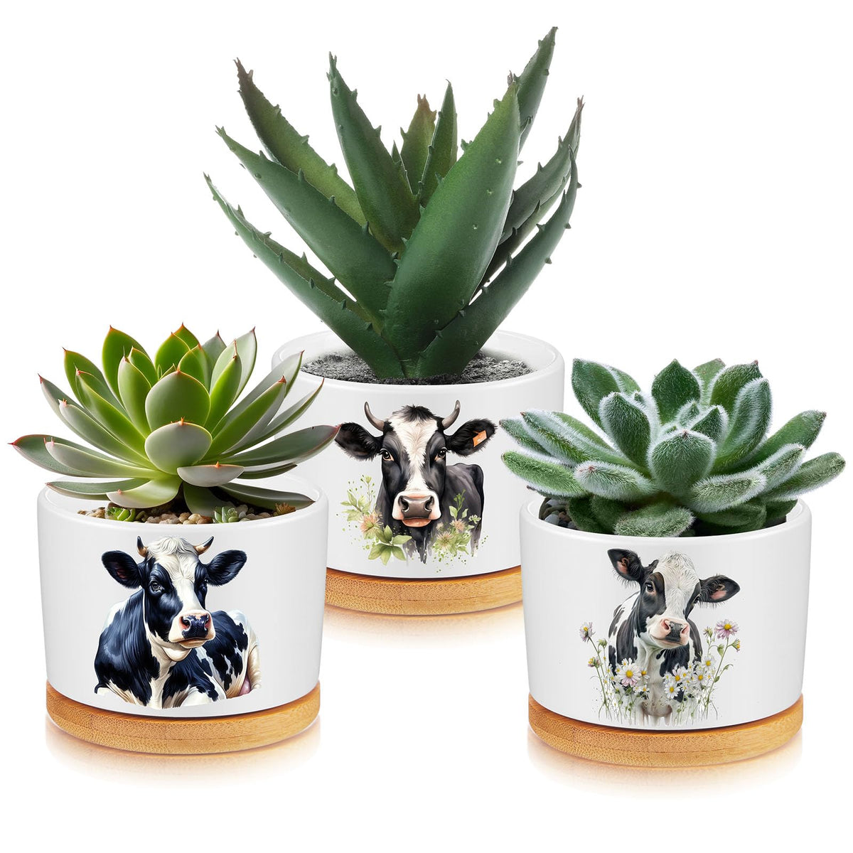 Jingmore 3 Pcs Cow Decor Gift For Christmas Women Planter Ceramic Gift Animal Plant Pot With Bamboo Tray For Office Home Farm Ho