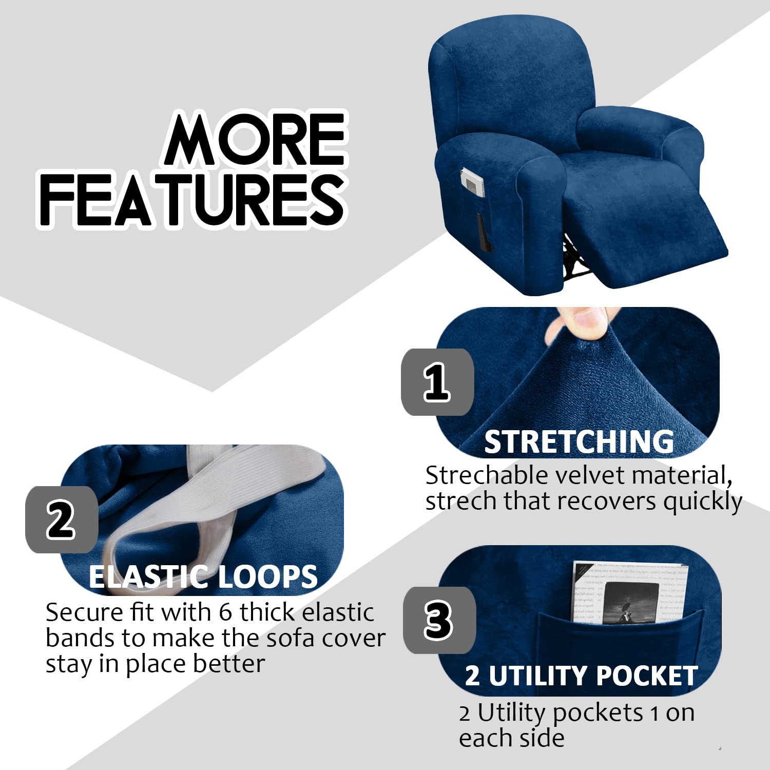 Ulticor 4-Piece, 1 Seat Recliner Cover, Velvet Stretch Reclining Chair Covers For 1 Cushion Reclining Sofa, Single Seat Recliner
