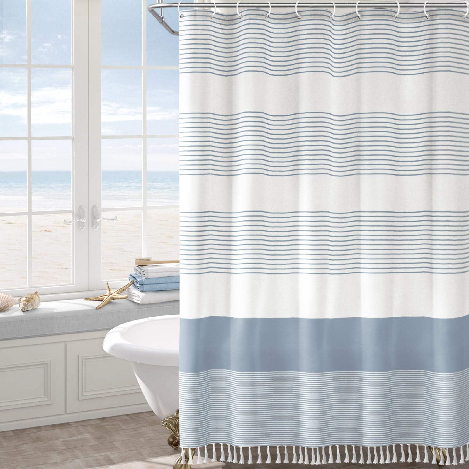 Awellife Blue Shower Curtain Beach Ocean Coastal Nautical Shower Curtain For Bathroom Stripe Tassel Shower Curtain 72 X 72 Inches Cotton Linen