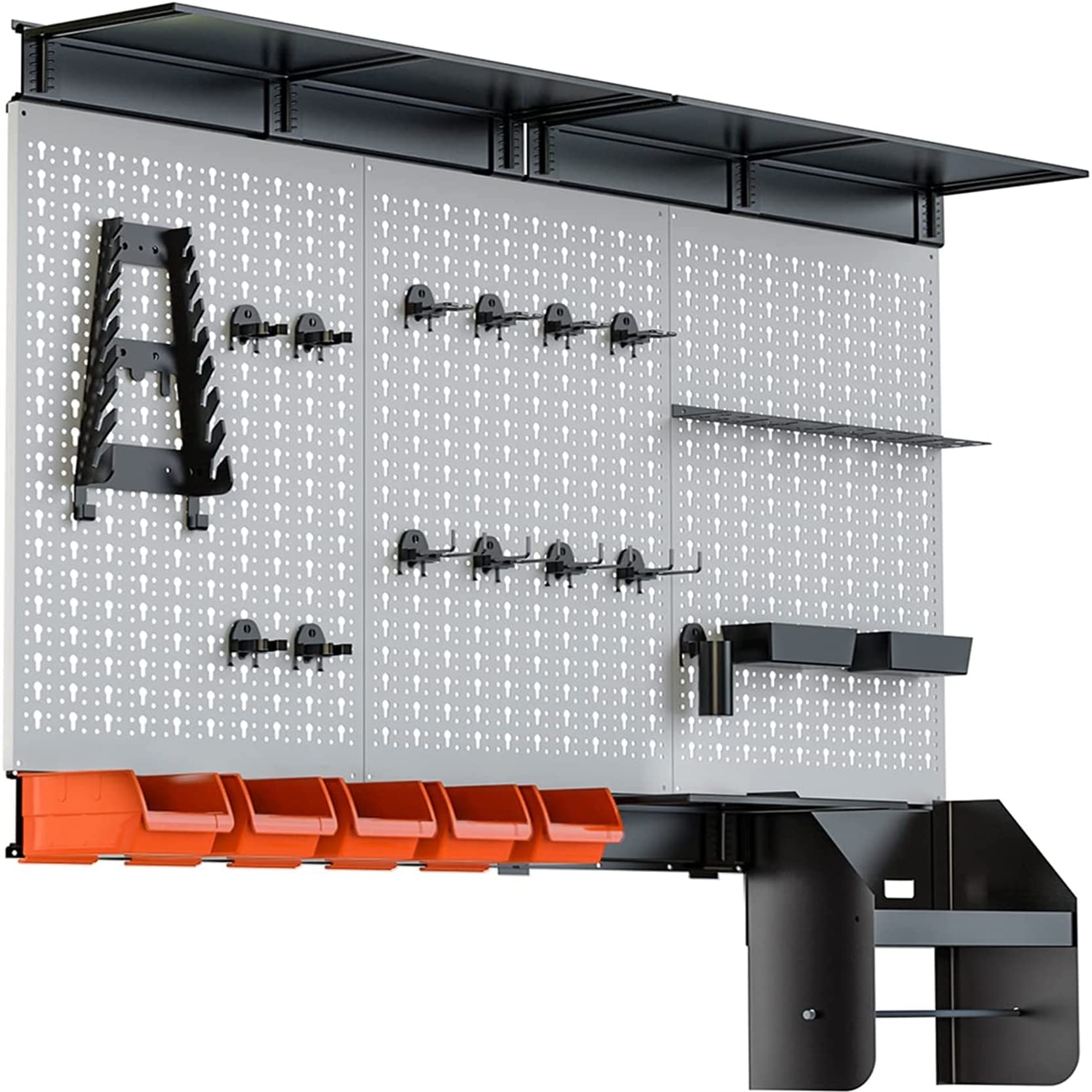 Torack Pegboard Wall Organizer 4 Ft. Garage Metal Utility Tool Storage Kit With Toolboard Hooks Accessories, Wall Mounted Bins,