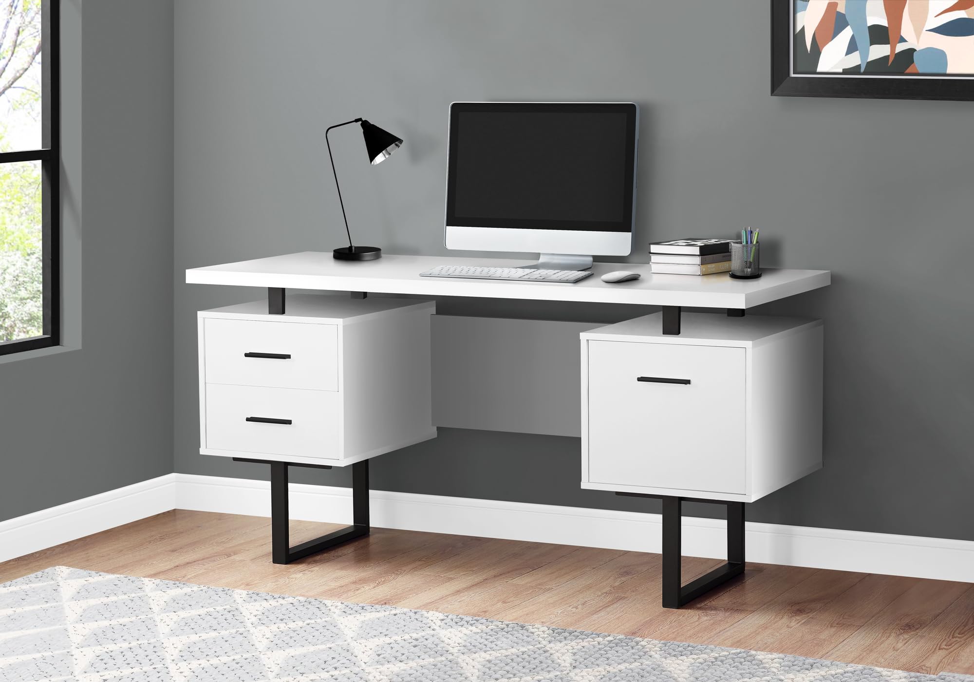 Monarch Specialties I 7631 Computer Desk, Home Office, Laptop, Left, Right Set-Up, Storage Drawers, 60&quot; L, Work, Metal, Laminate, White, Black, Contemporary