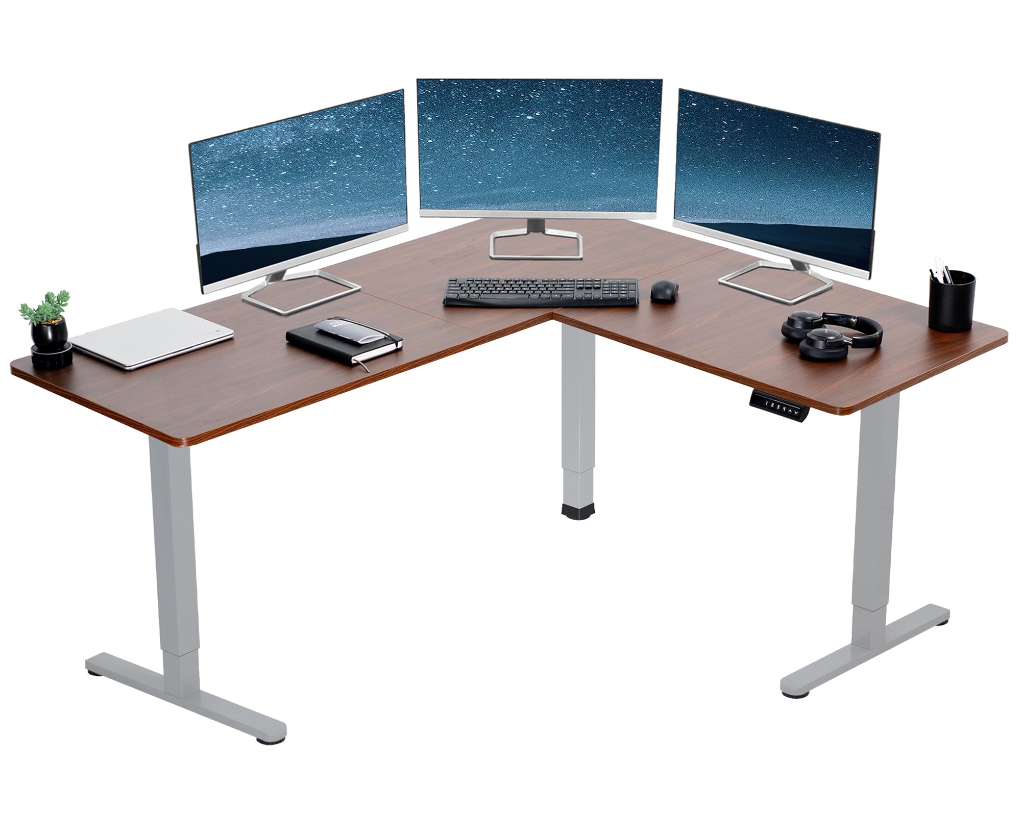 VIVO Electric Corner 63 x 55 inch L-Shaped Standing Desk, Memory Height Adjustment, Dark Walnut Top Gray Frame, DESK-E3CTGD