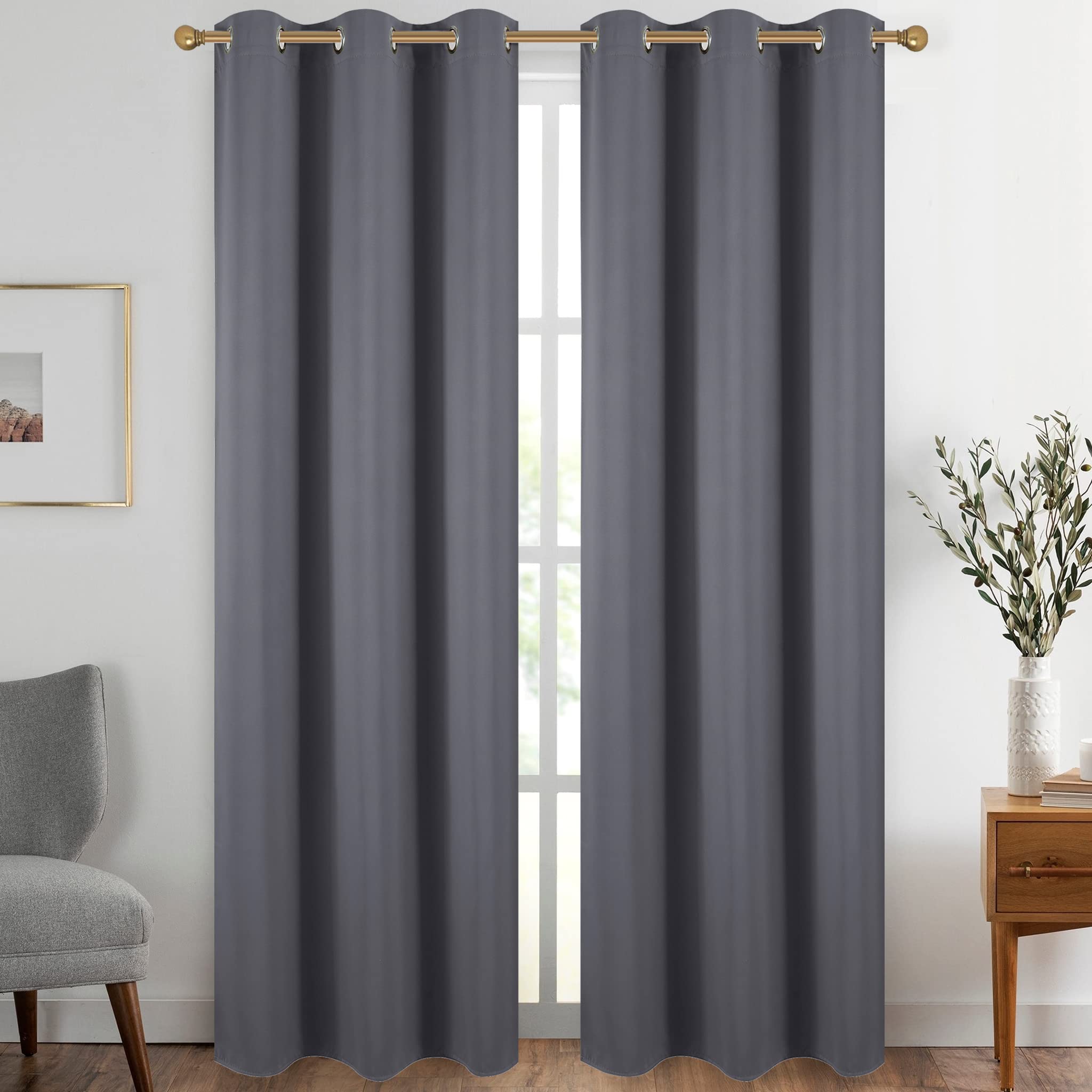 Diraysid Dark Grey Grommet Blackout Curtains For Bedroom Thermal Insulated Room Darkening Curtains Drapes, 42 X 95 Inch, 2 Panel