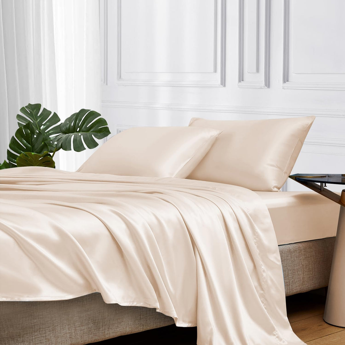 Mr&Hm Satin Bed Sheets, Full Size Sheets Set, 4 Pcs Silky Bedding Set With 15 Inches Deep Pocket For Mattress (Full, Beige)