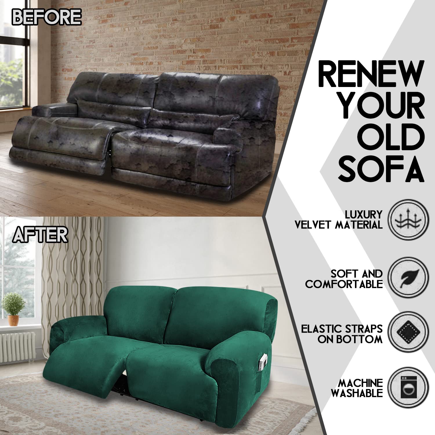 Ulticor Extra Wide 75'' - 100'', Reclining 2 Seater Sofa Cover, Extra Wide Reclining Love Seat Slipcover, 6-Piece Velvet Stretch